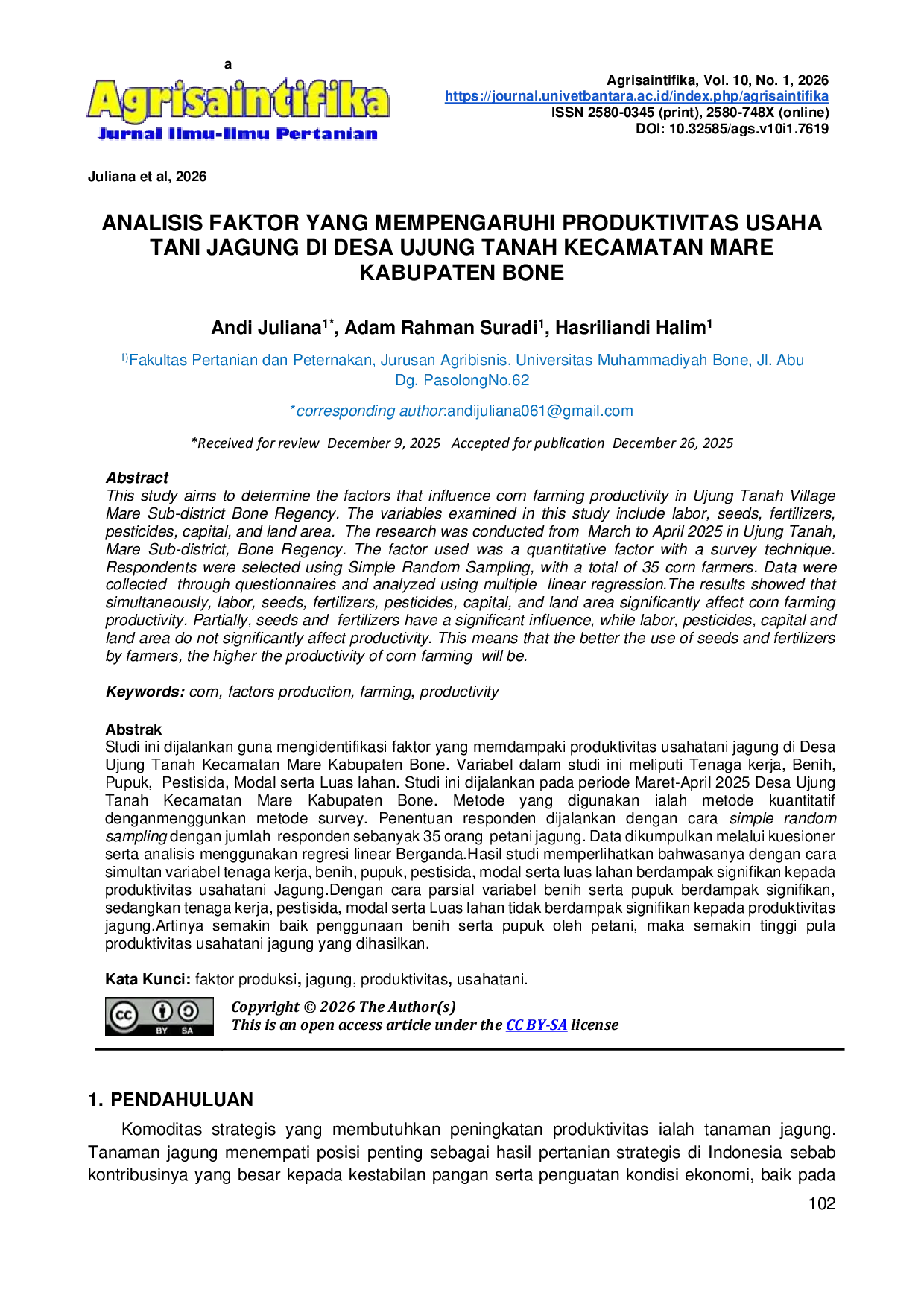JURIS Analisis Faktor Yang Mempengaruhi Produktivitas Usaha Tani Jagung Di Desa Ujung Tanah Kecamatan Mare Kabupaten Bone