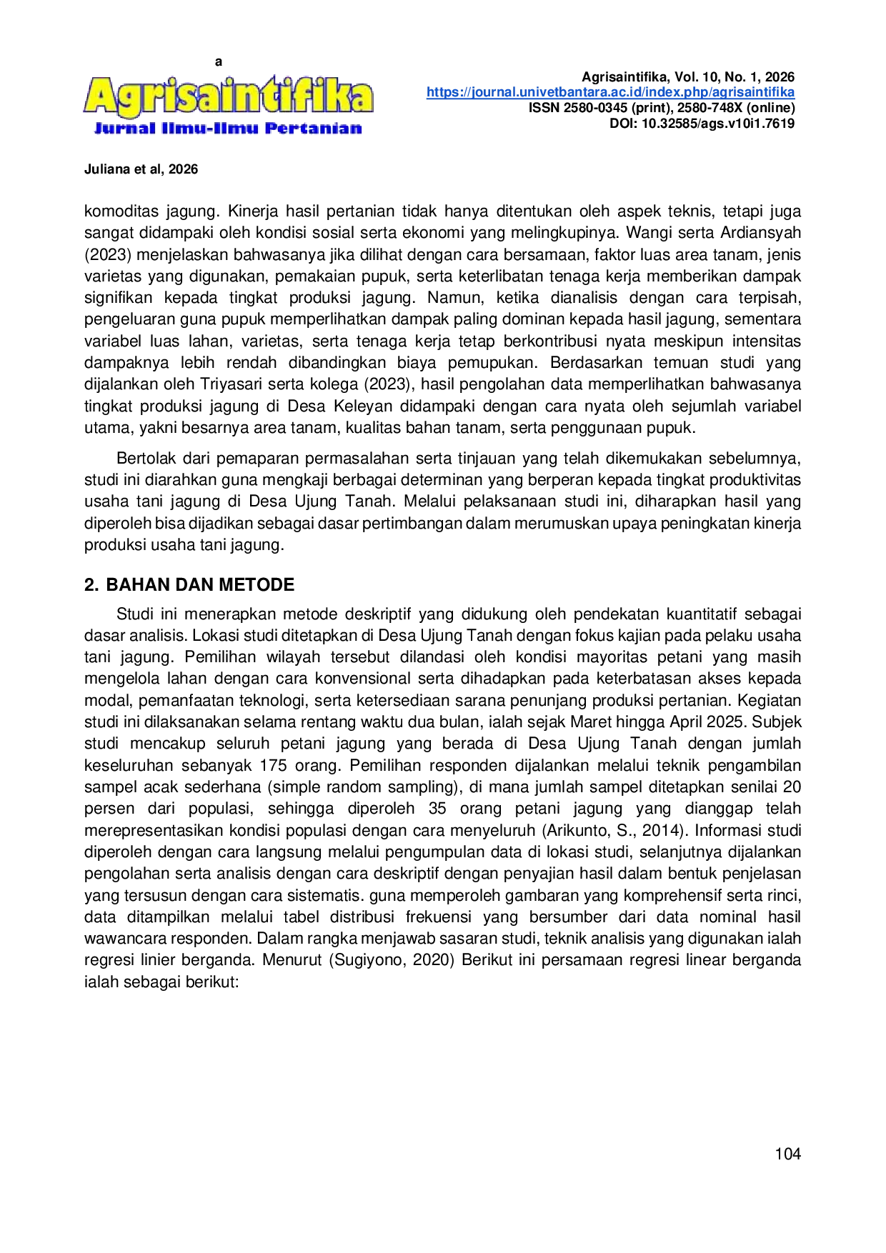 JURIS Analisis Faktor Yang Mempengaruhi Produktivitas Usaha Tani Jagung Di Desa Ujung Tanah Kecamatan Mare Kabupaten Bone