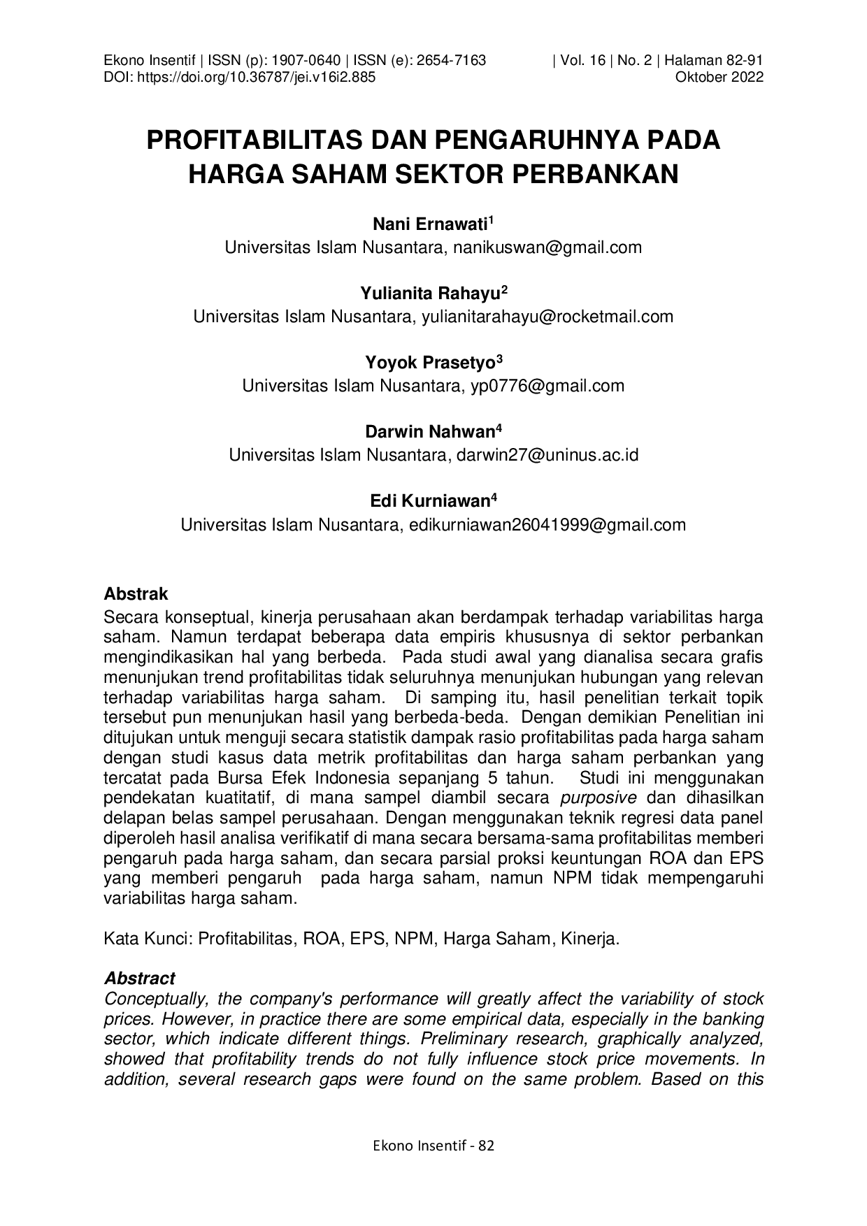 juris Profitabilitas dan Pengaruhnya pada Harga Saham Sektor Perbankan