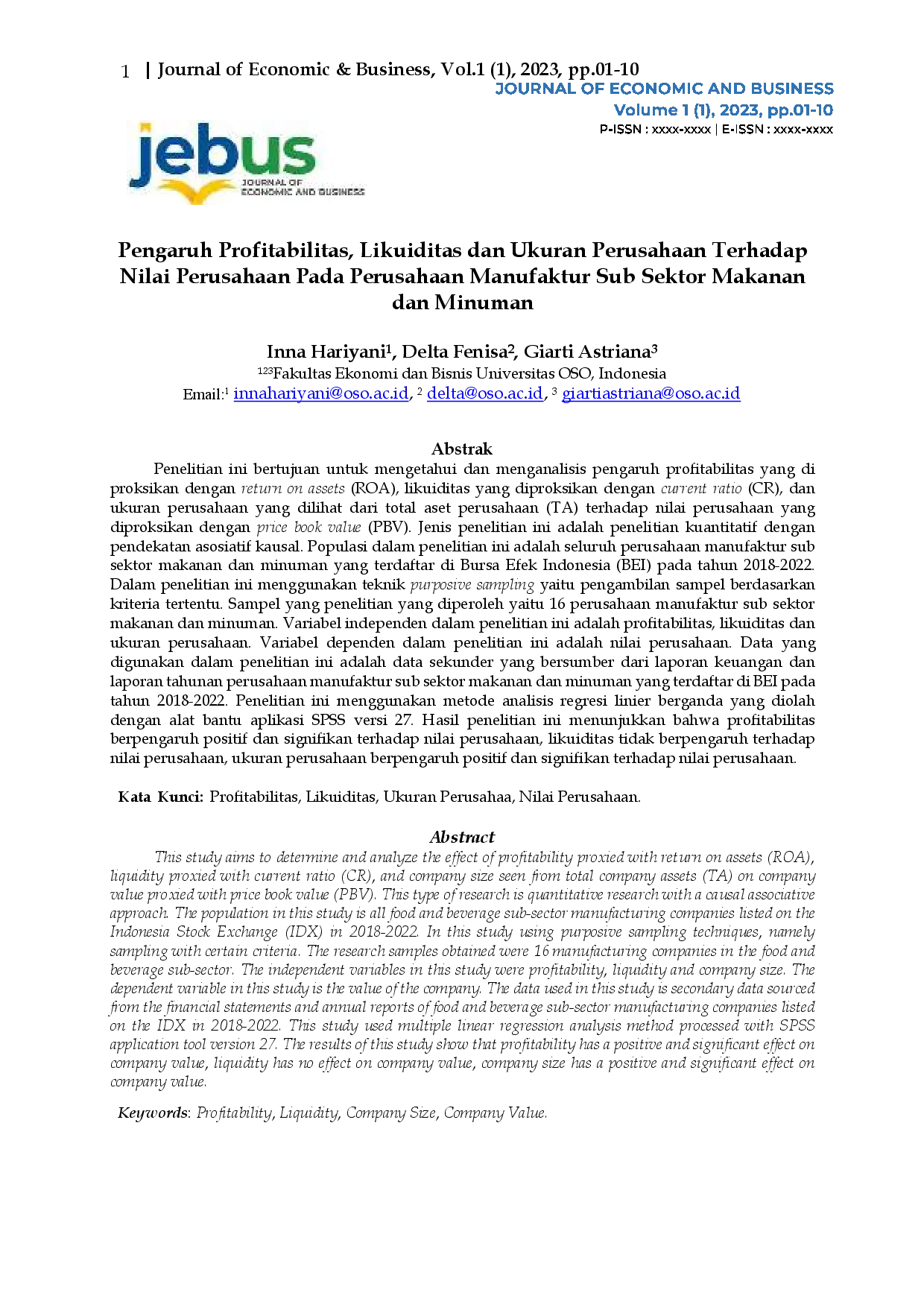 juris Pengaruh Profitabilitas Likuiditas dan Ukuran Perusahaan Terhadap Nilai Perusahaan Pada Perusahaan Manufaktur Sub Sektor Makanan dan Minuman