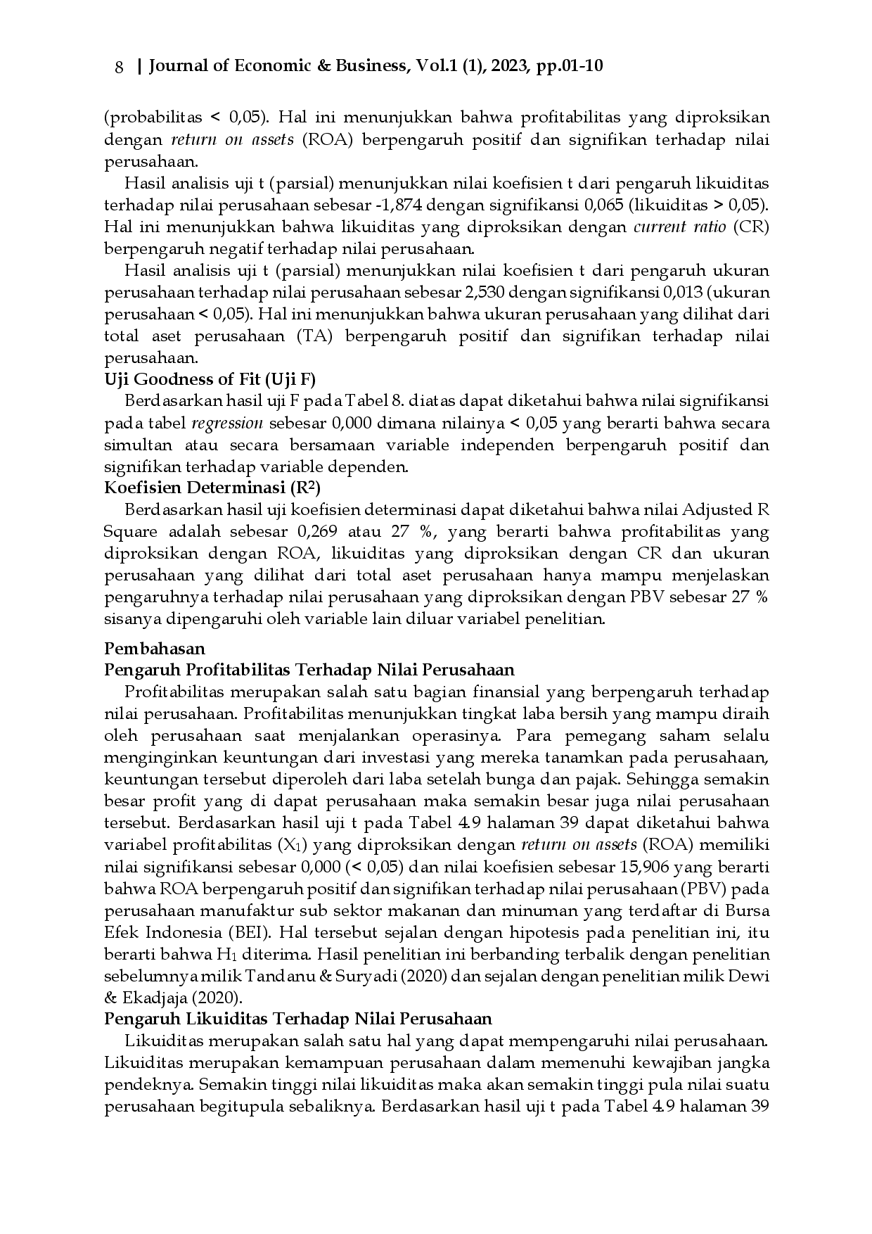 juris Pengaruh Profitabilitas Likuiditas dan Ukuran Perusahaan Terhadap Nilai Perusahaan Pada Perusahaan Manufaktur Sub Sektor Makanan dan Minuman