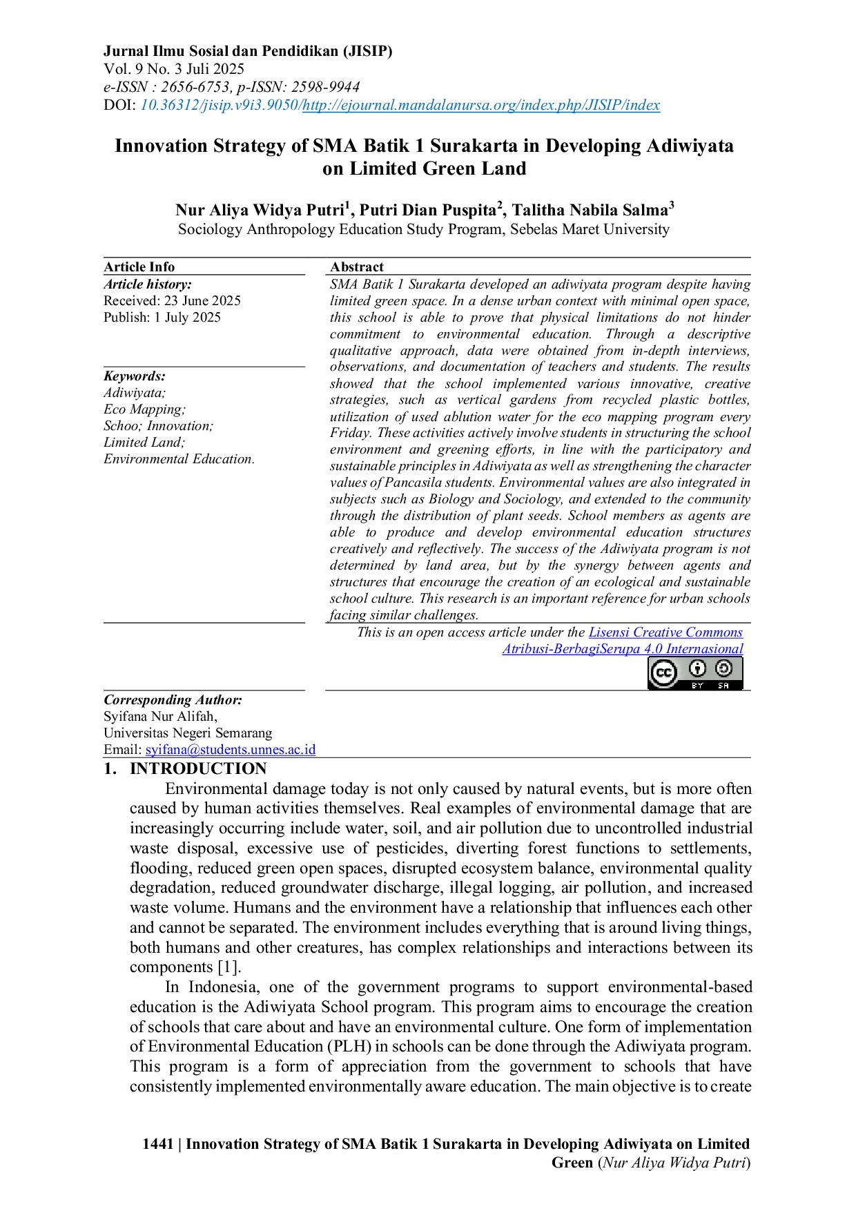 JURIS Innovation Strategy of SMA Batik 1 Surakarta in Developing Adiwiyata on Limited Green Land