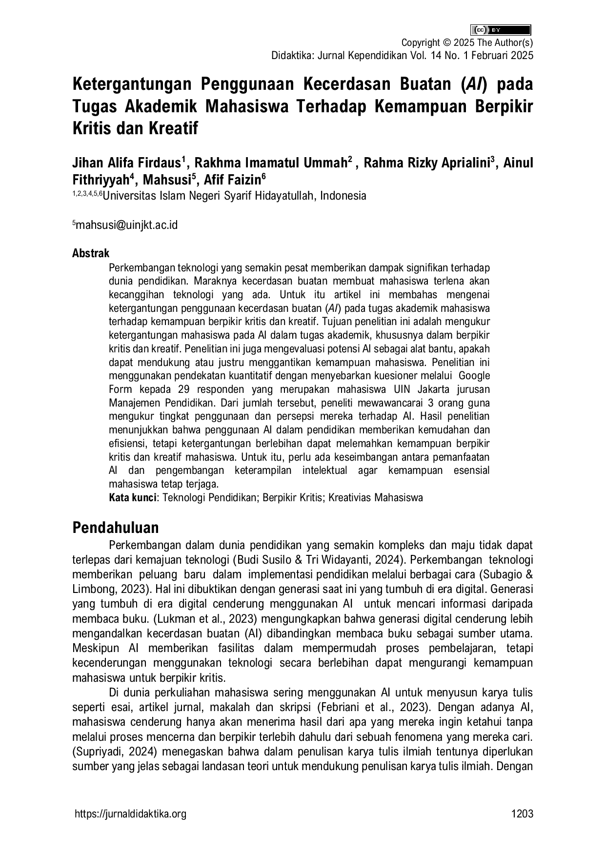 JURIS Ketergantungan Penggunaan Kecerdasan Buatan AI pada Tugas Akademik Mahasiswa Terhadap Kemampuan Berpikir Kritis dan Kreatif