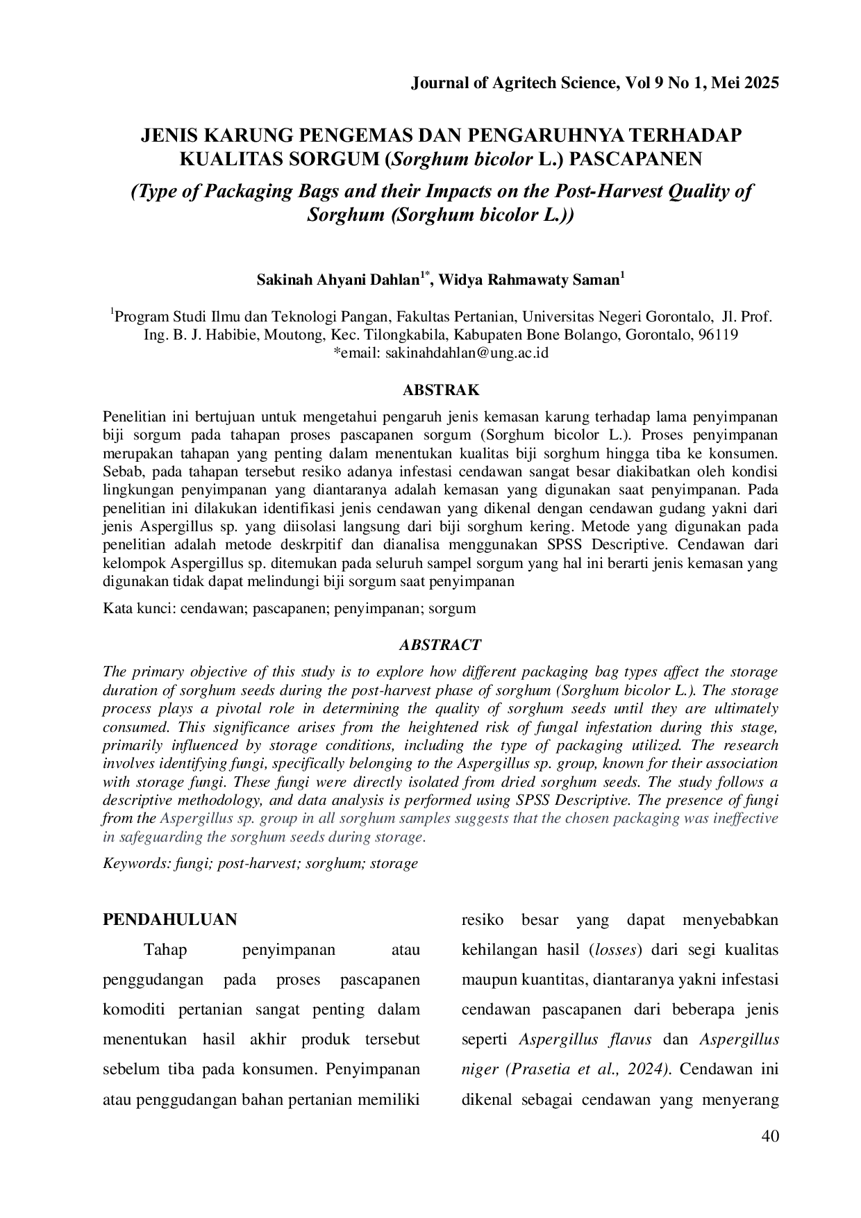 JURIS Type of Packaging Bags and their Impacts on the Post Harvest Quality of Sorghum Sorghum bicolor L