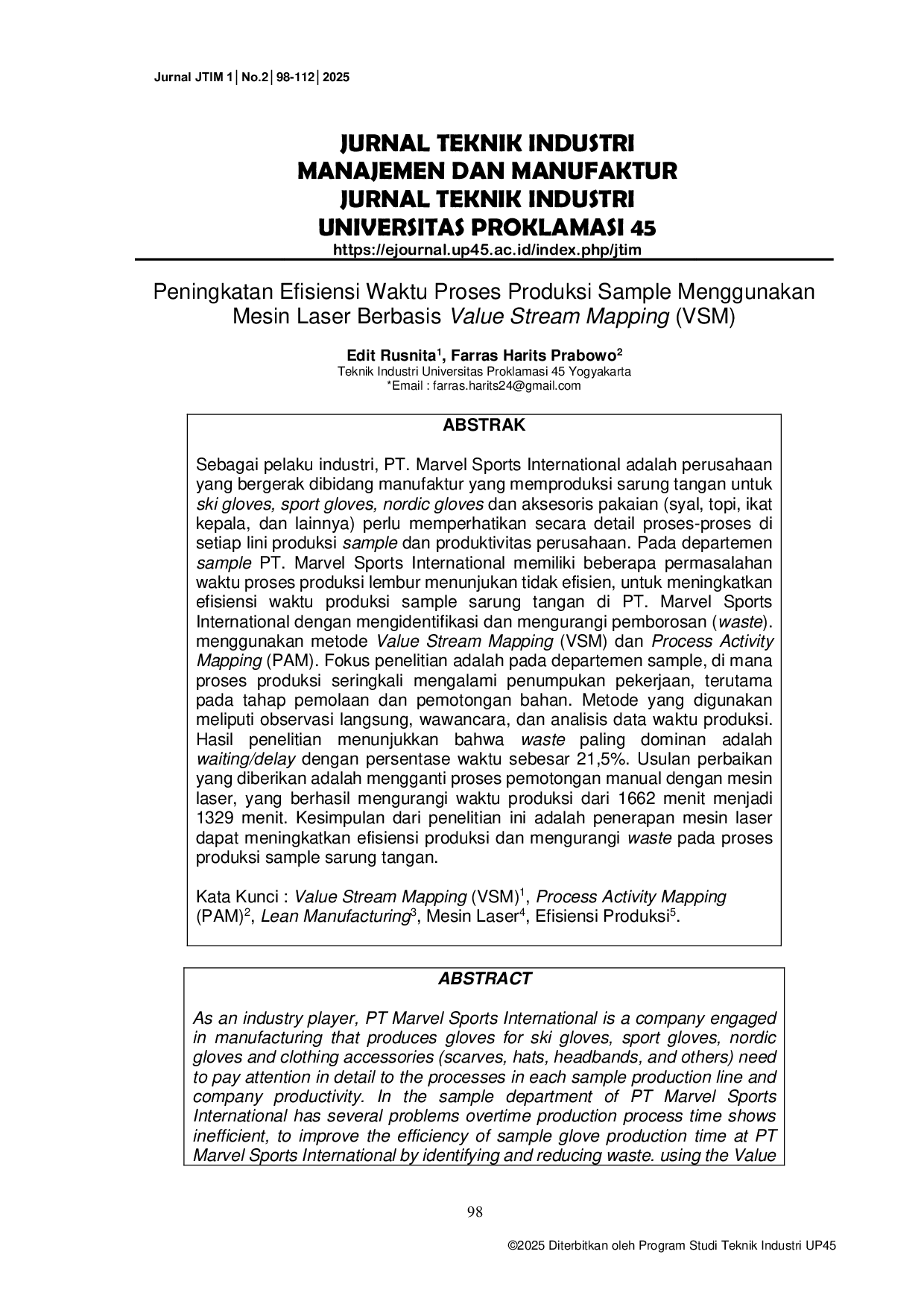 JURIS Peningkatan Efisiensi Waktu Proses Produksi Sample Menggunakan Mesin Laser Berbasis Value Stream Mapping VSM