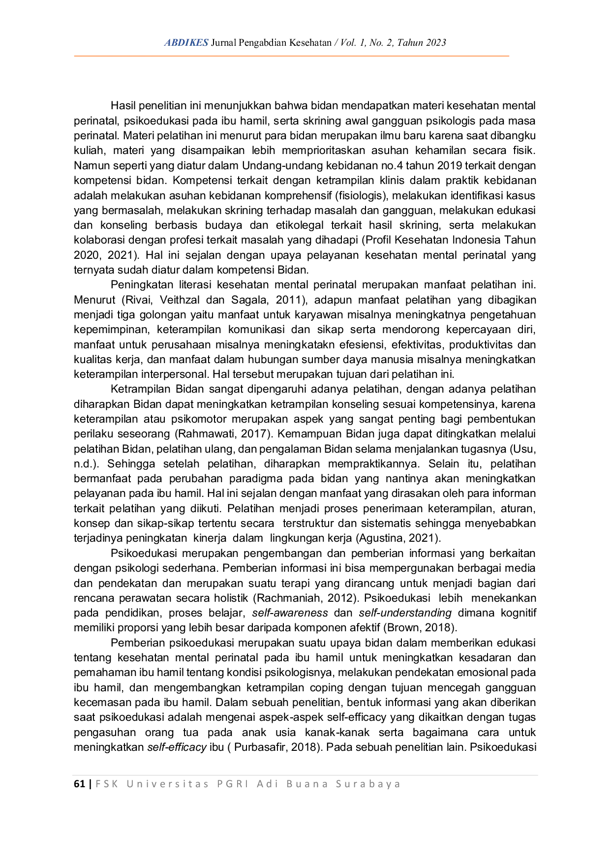 JURIS Pelatihan Psikoedukasi pada Bidan sebagai Upaya Meningkatkan Kesehatan Mental Maternal