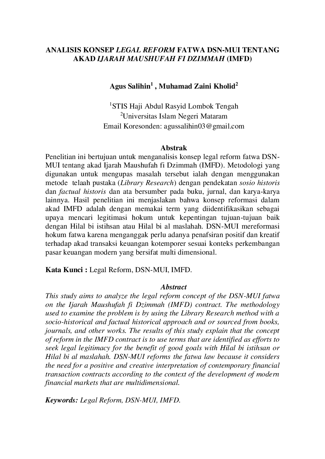 juris Analisis Konsep Legal Reform Fatwa Dsn Mui Tentang Akad Ijarah Maushufah Fi Dzimmah Imfd