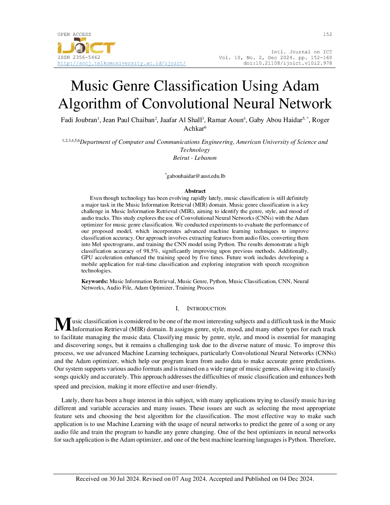 JURIS Music Genre Classification Using Adam Algorithm of Convolutional Neural Network