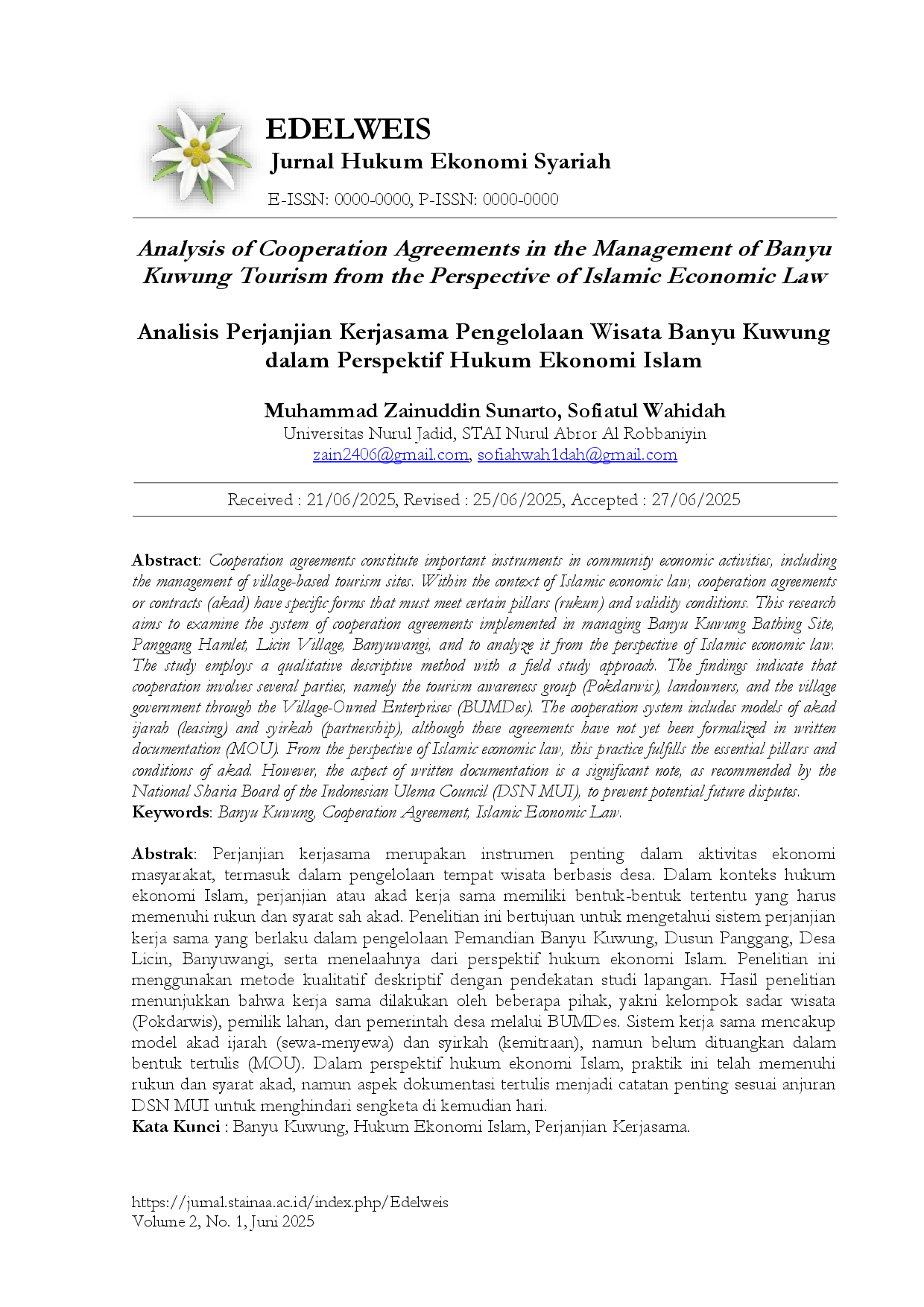 juris Analisis Perjanjian Kerjasama Pengelolaan Wisata Banyu Kuwung Dalam Perspektif Hukum Ekonomi Islam