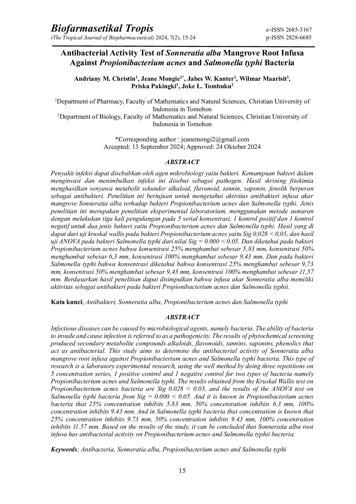 JURIS Antibacterial Activity Test of Sonneratia alba Mangrove Root Infusa Against Propionibacterium acnes and Salmonella typhi Bacteria