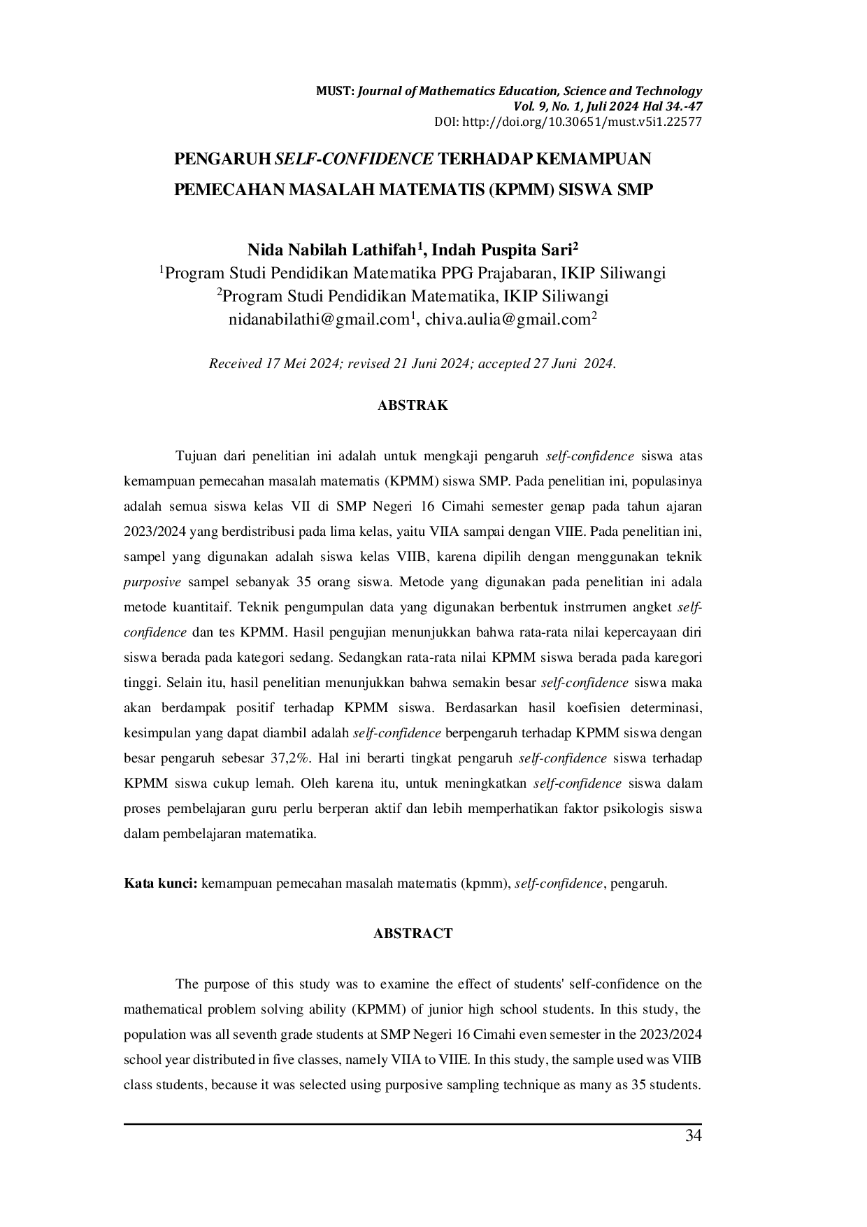 JURIS Pengaruh Self Confidence terhadap Kemampuan Pemecahan Masalah Matematis KPMM Siswa SMP