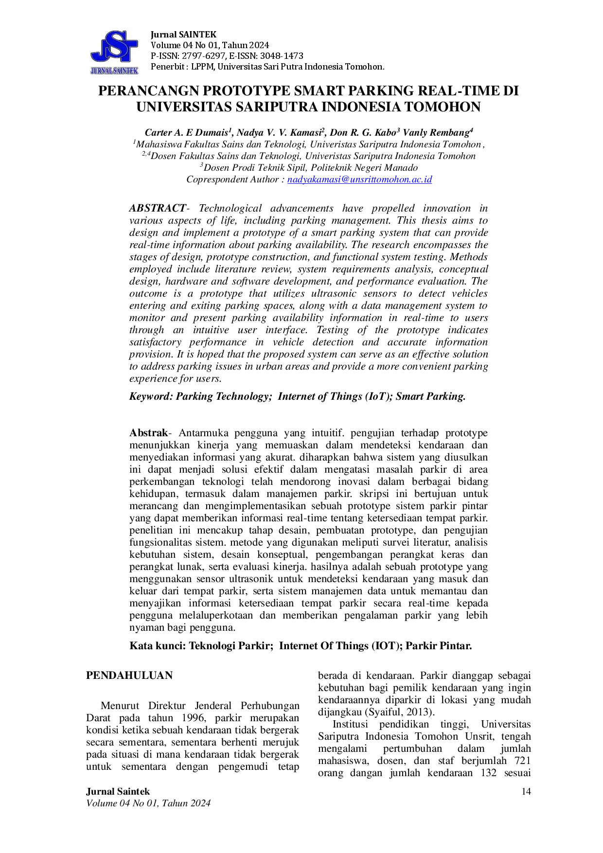 JURIS Perancangan Prototype Smart Parking Real Time Di Universitas Sariputra Indonesia Tomohon