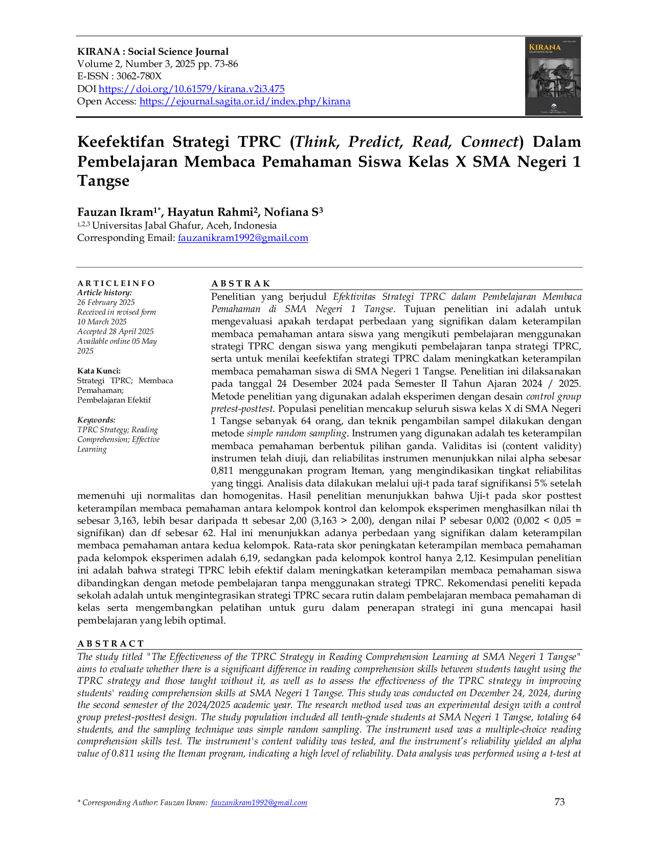 JURIS Keefektifan Strategi TPRC Think Predict Read Connect Dalam Pembelajaran Membaca Pemahaman Siswa Kelas X SMA Negeri 1 Tangse The Effectiveness of TPRC Think Predict Read Connect Strategy in