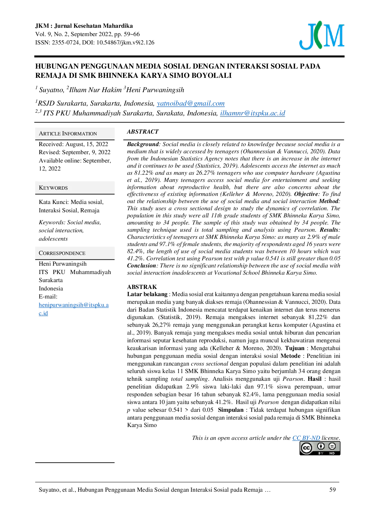 JURIS Hubungan Penggunaan Media Sosial dengan Interaksi Sosial pada Remaja di SMK Bhinneka Karya Simo Boyolali