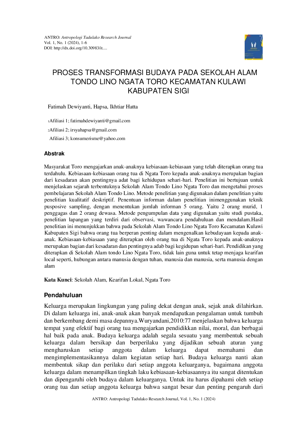 JURIS Proses Transformasi Budaya Pada Sekolah Alam Tondo Lino Ngata Toro Kecamatan Kulawi Kabupaten Sigi