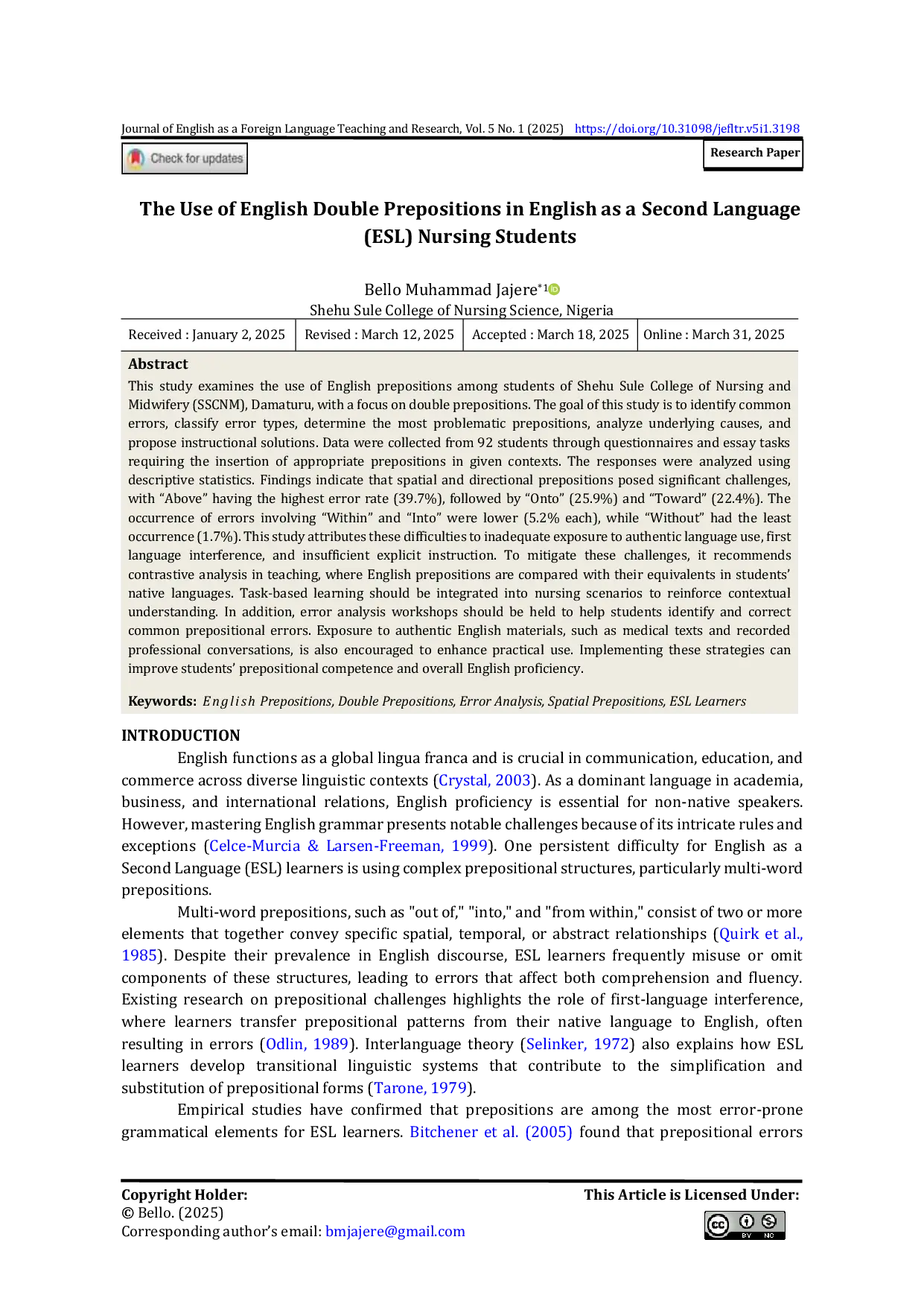 JURIS The Use of English Double Prepositions in English as a Second Language ESL Nursing Students