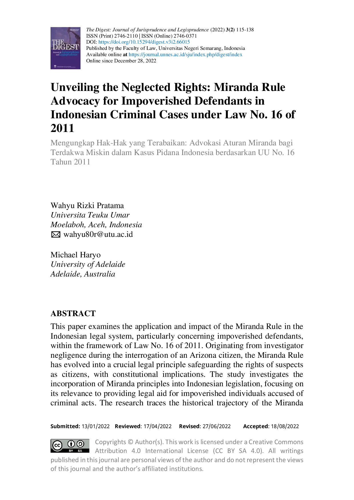 JURIS Unveiling the Neglected Rights Miranda Rule Advocacy for Impoverished Defendants in Indonesian Criminal Cases under Law No 16 of 2011