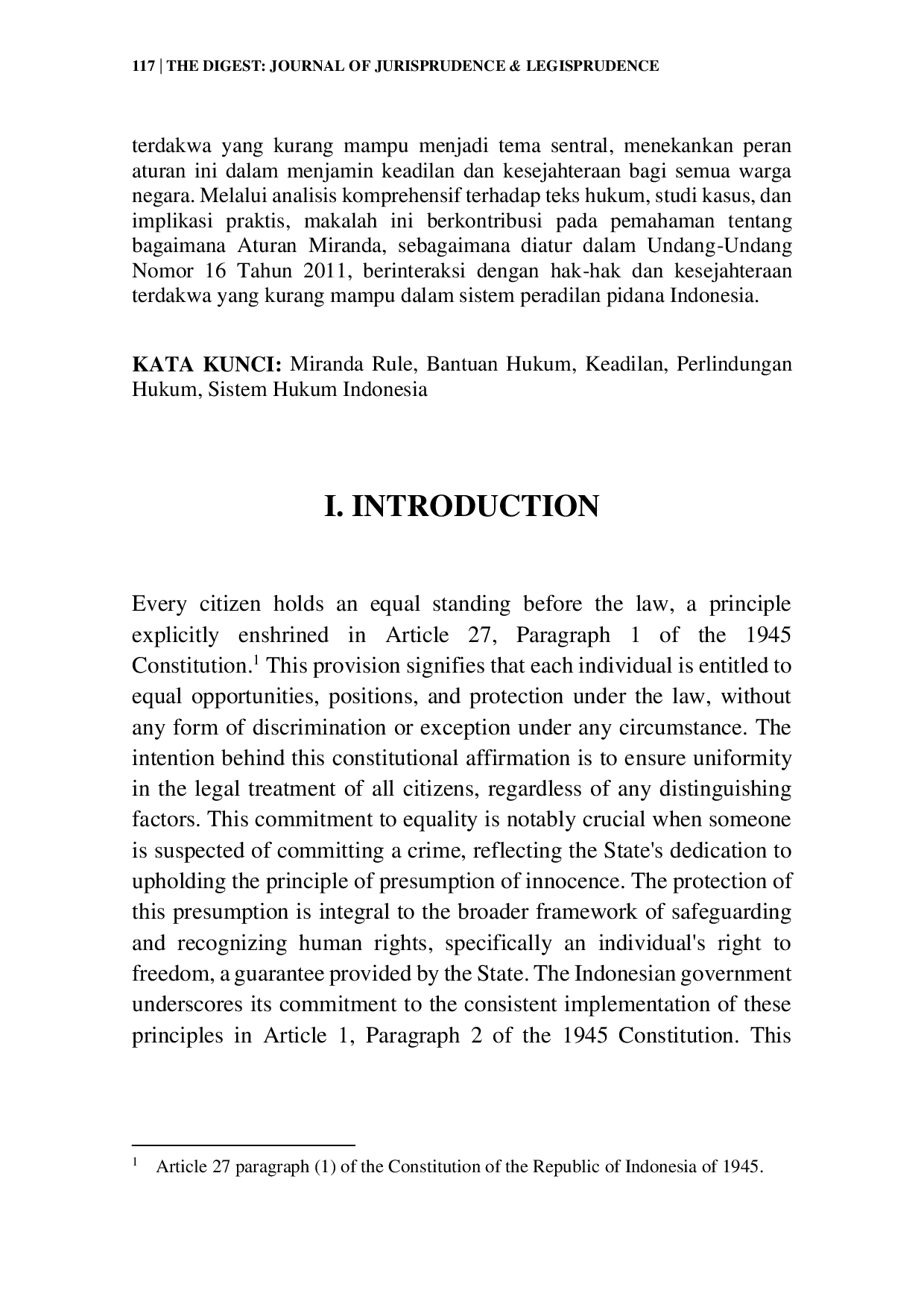 JURIS Unveiling the Neglected Rights Miranda Rule Advocacy for Impoverished Defendants in Indonesian Criminal Cases under Law No 16 of 2011