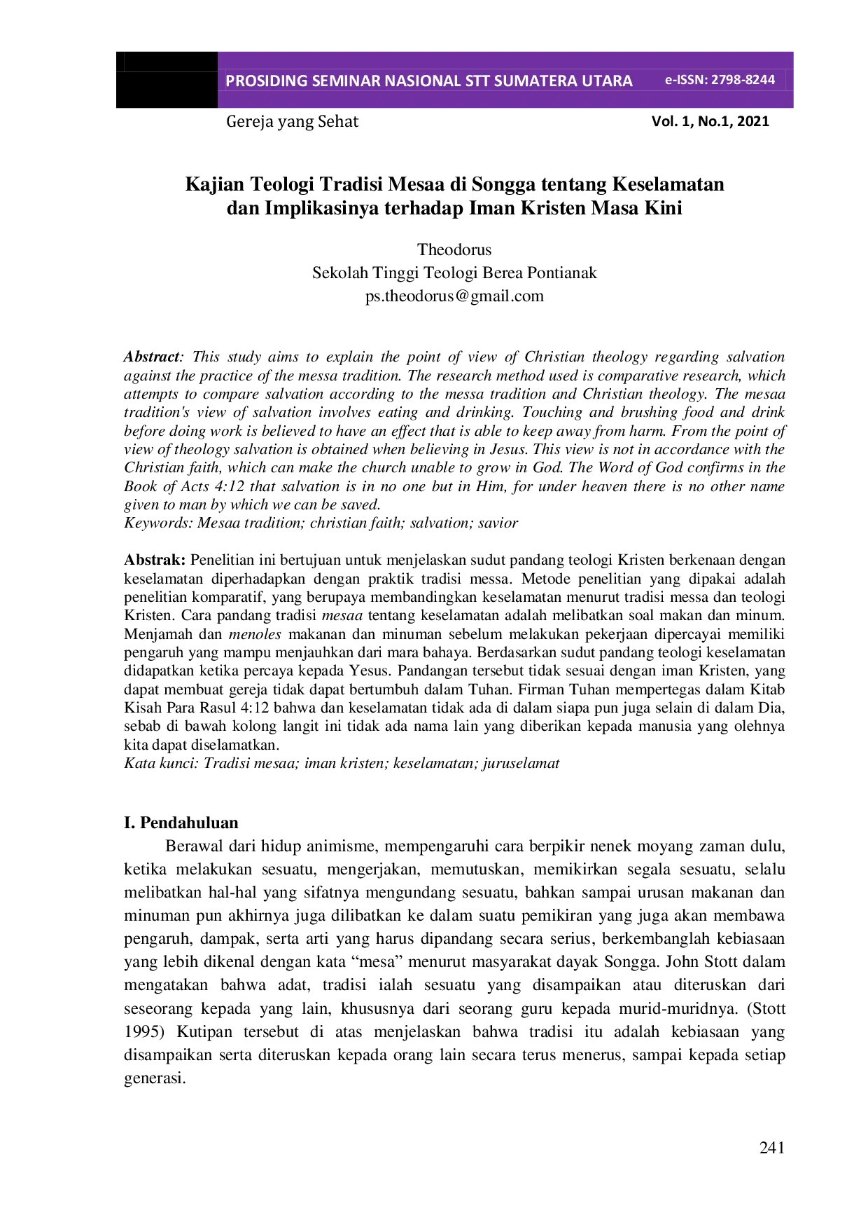 JURIS Kajian Teologi Tradisi Mesaa di Songga tentang Keselamatan dan Implikasinya terhadap Iman Kristen Masa Kini