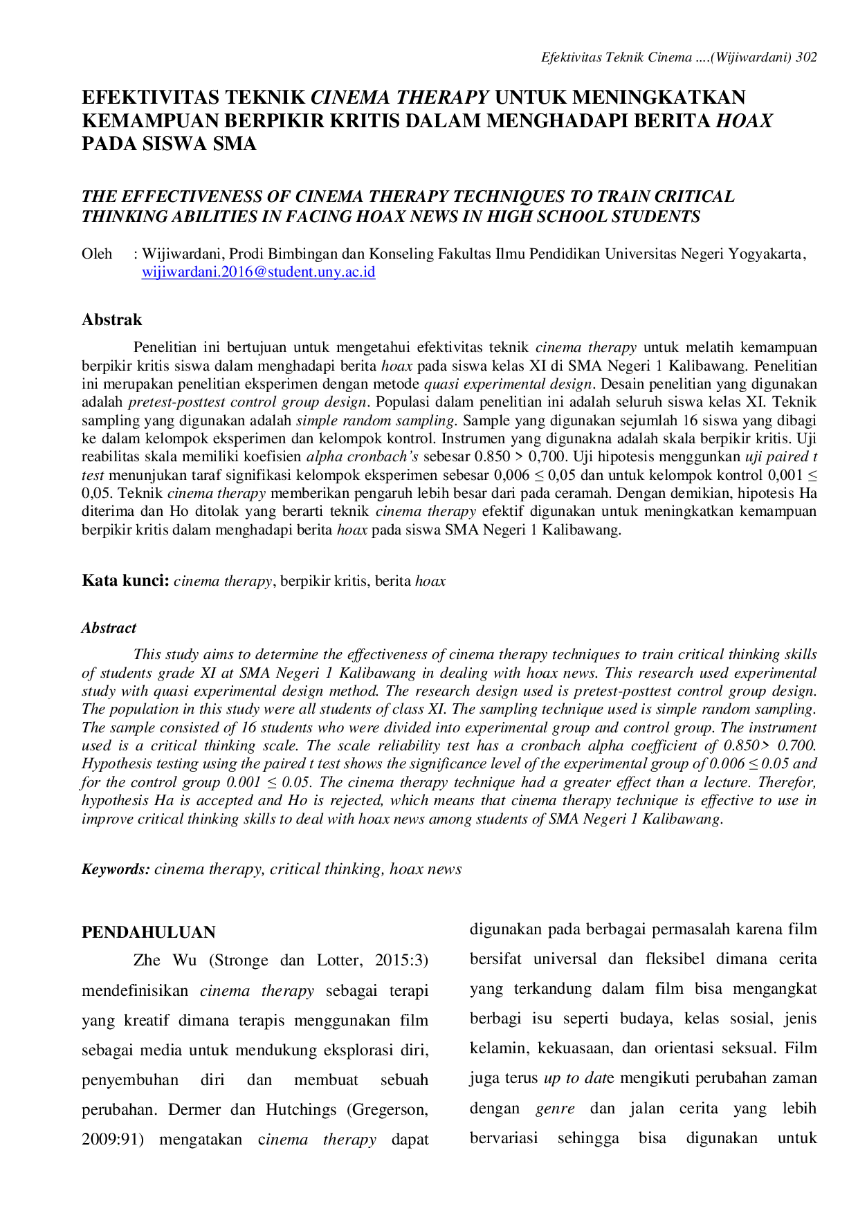 JURIS Efektivitas Teknik Cinema Therapy untuk Meningkatkan Kemampuan Berpikir Kritis dalam Menghadapi Berita Hoax pada Siswa SMA