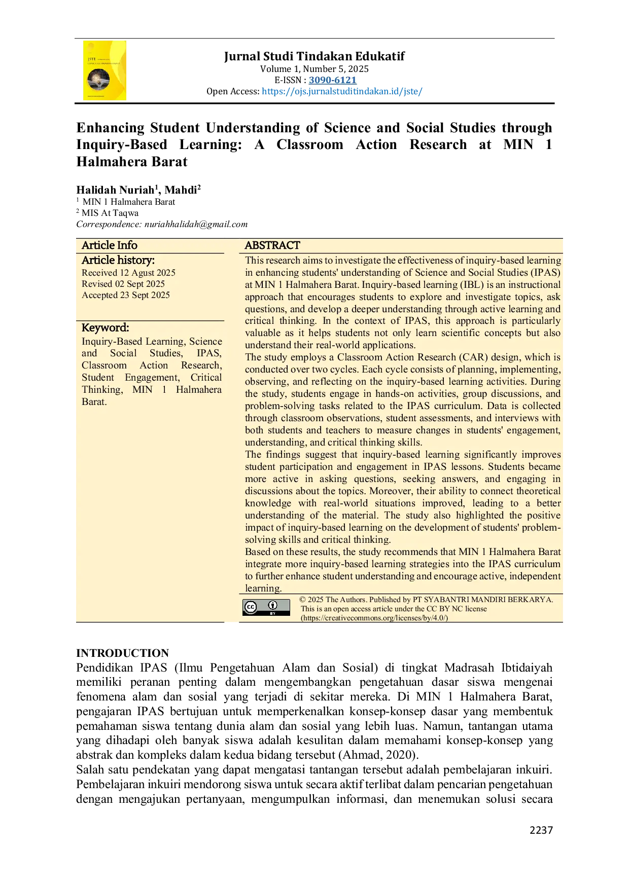 JURIS Enhancing Student Understanding of Science and Social Studies through Inquiry Based Learning A Classroom Action Research at MIN 1 Halmahera Barat