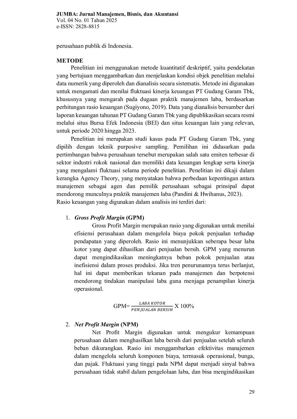 JURIS Manajemen Laba Dalam Perspektif Agency Theory Analisis Empiris Pada Pt Gudang Garam Tbk Tahun 2020 Sampai 2023