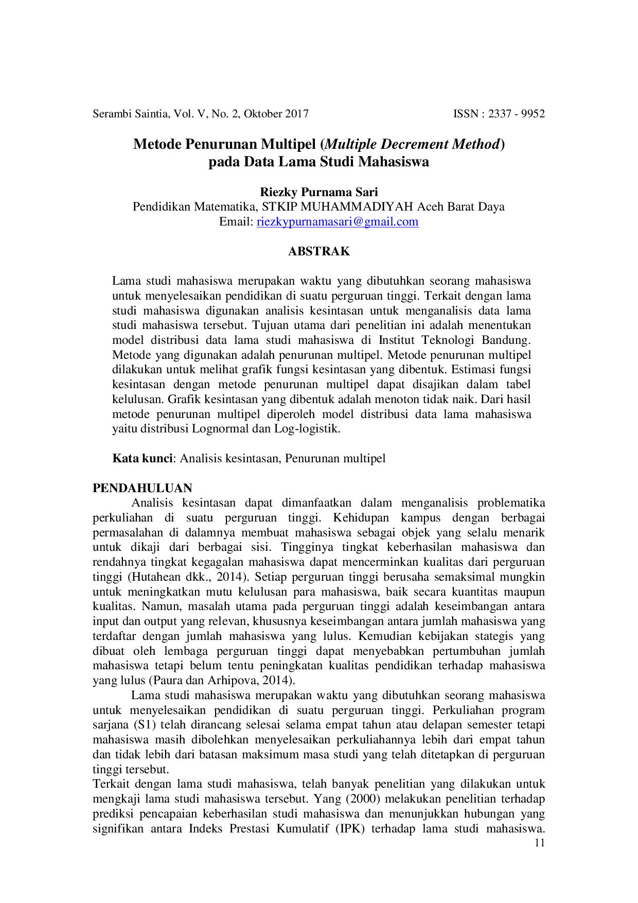 JURIS Metode Penurunan Multipel Multiple Decrement Method pada Data Lama Studi Mahasiswa