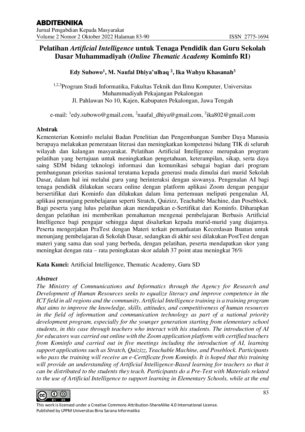 JURIS Pelatihan Artificial Intelligence untuk Tenaga Pendidik dan Guru Sekolah Dasar Muhammadiyah Online Thematic Academy Kominfo RI