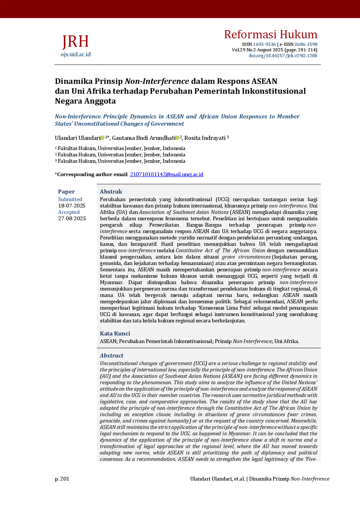 juris Non Interference Principle Dynamics in ASEAN and African Union Responses to Member States Unconstitutional Changes of Government