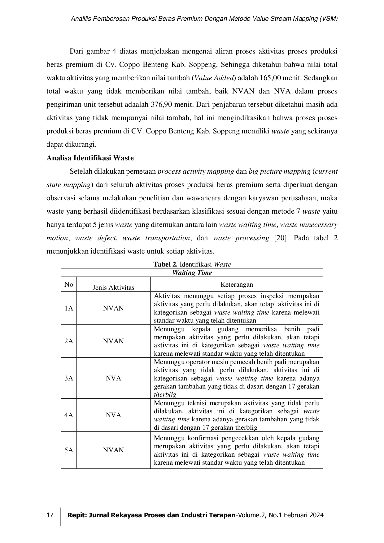 JURIS Analilis Pemborosan Produksi Beras Premium Dengan Metode Value Stream Mapping VSM