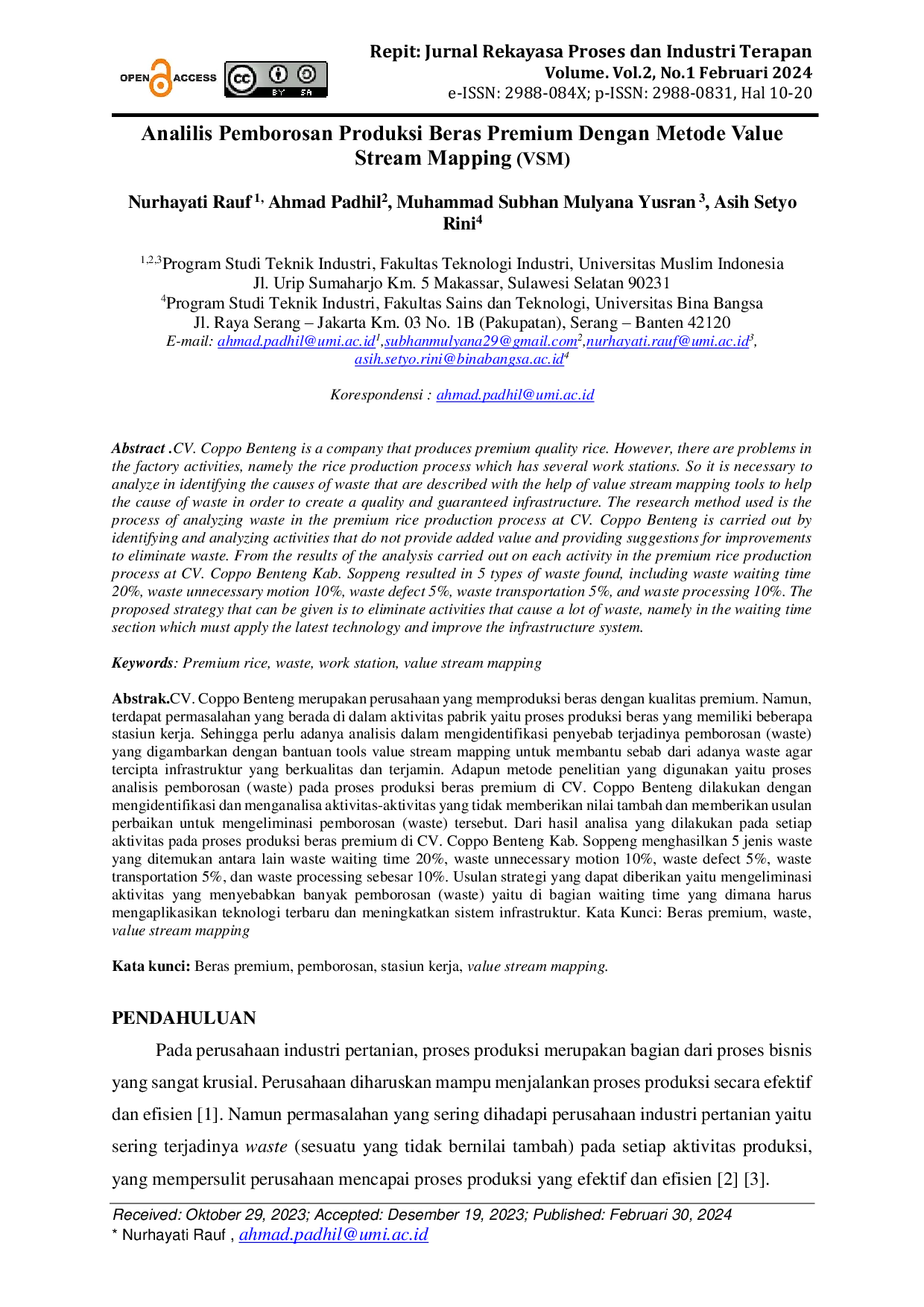 JURIS Analilis Pemborosan Produksi Beras Premium Dengan Metode Value Stream Mapping VSM