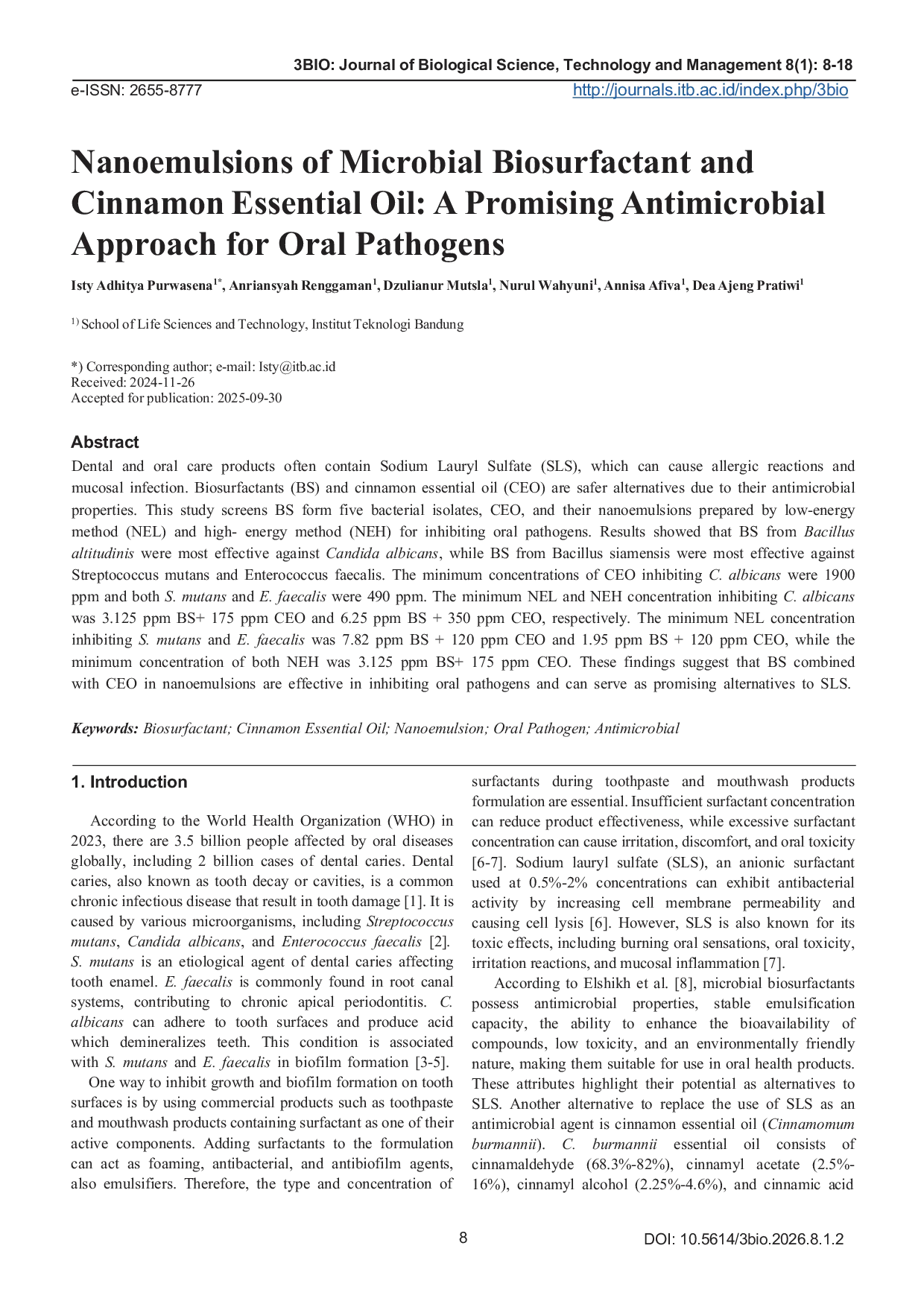 JURIS Nanoemulsions of Biosurfactant and Cinnamon Essential Oil A Promising Antimicrobial Approach for Oral Pathogens