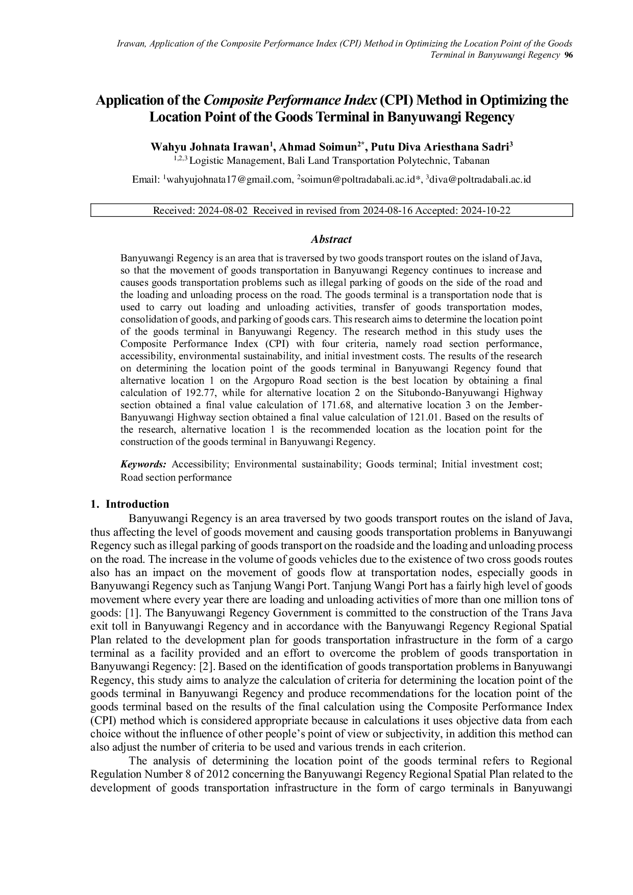 JURIS Application of the Composite Performance Index CPI Method in Optimizing the Location Point of the Goods Terminal in Banyuwangi Regency