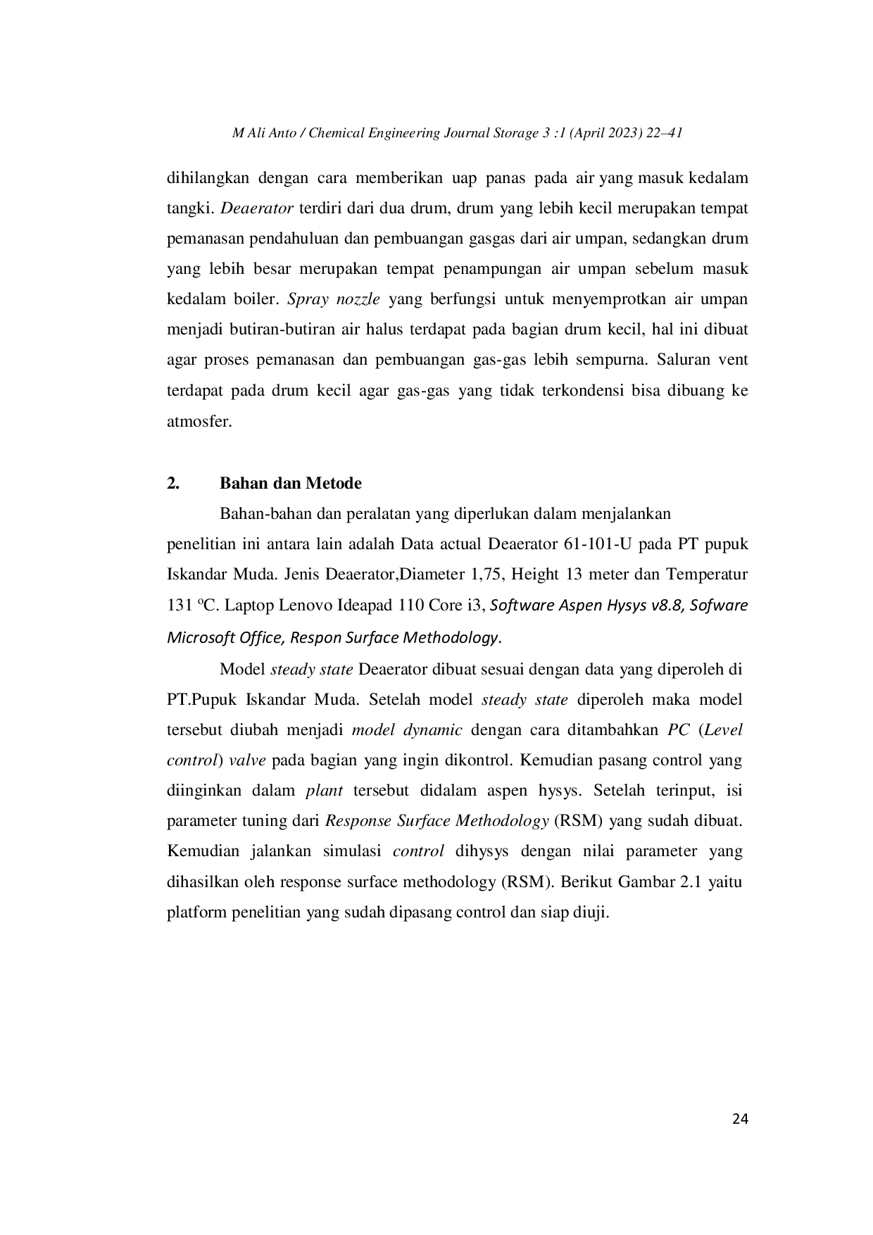 JURIS Pemodelan Aplikasi Kontrol PID Level Control Pada Deaerator 61 101 U Pada PT Pupuk Iskandar Muda Dengan Menggunakan Metode Respon Surface Methodology