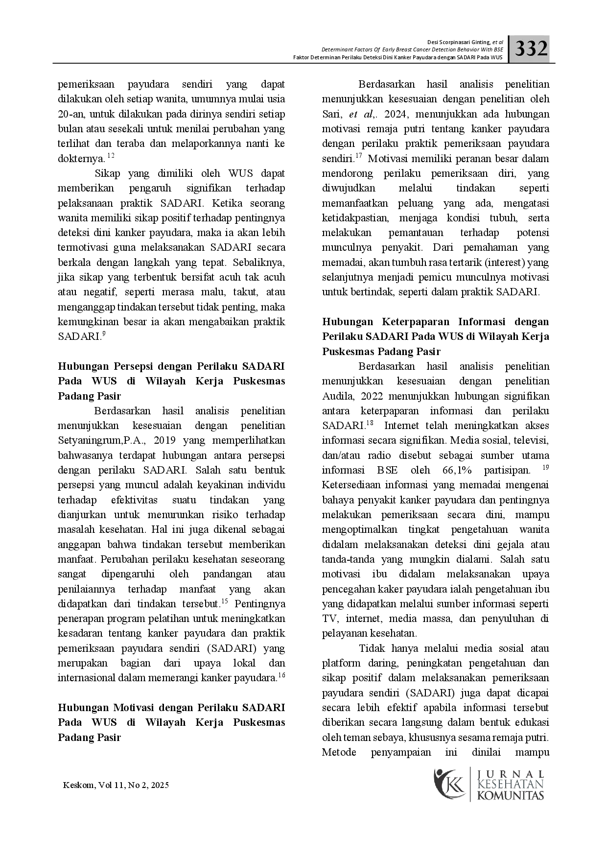 juris Faktor Determinan Perilaku Deteksi Dini Kanker Payudara dengan SADARI pada WUS di Puskesmas Padang Pasir