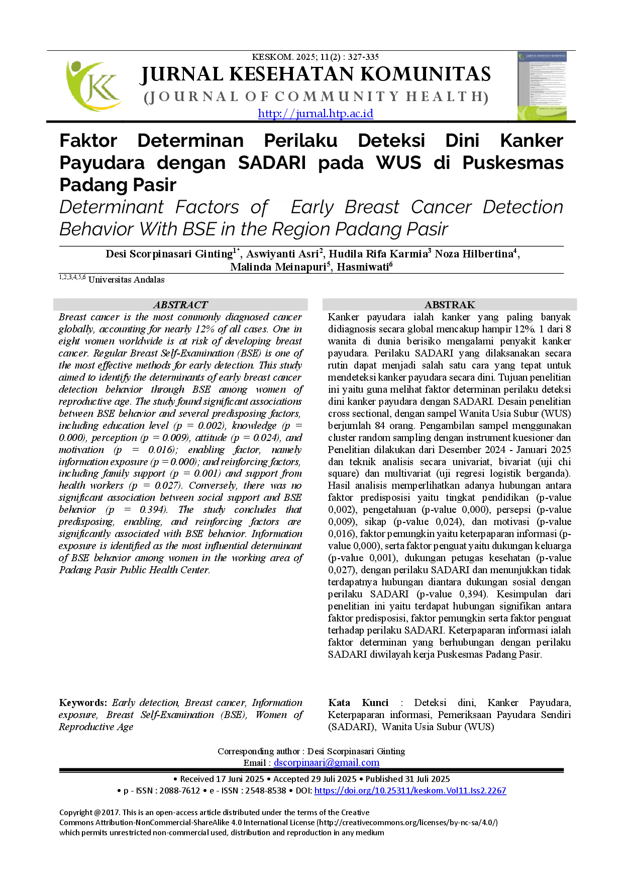 juris Faktor Determinan Perilaku Deteksi Dini Kanker Payudara dengan SADARI pada WUS di Puskesmas Padang Pasir