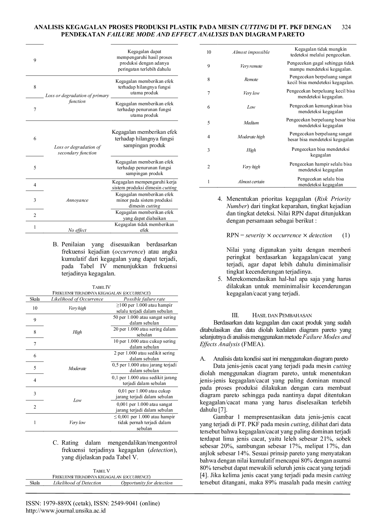 JURIS Analisis Kegagalan Proses Produksi Plastik Pada Mesin Cutting Di PT PKF Dengan Pendekatan Failure Mode And Effect Analysis Dan Diagram Pareto