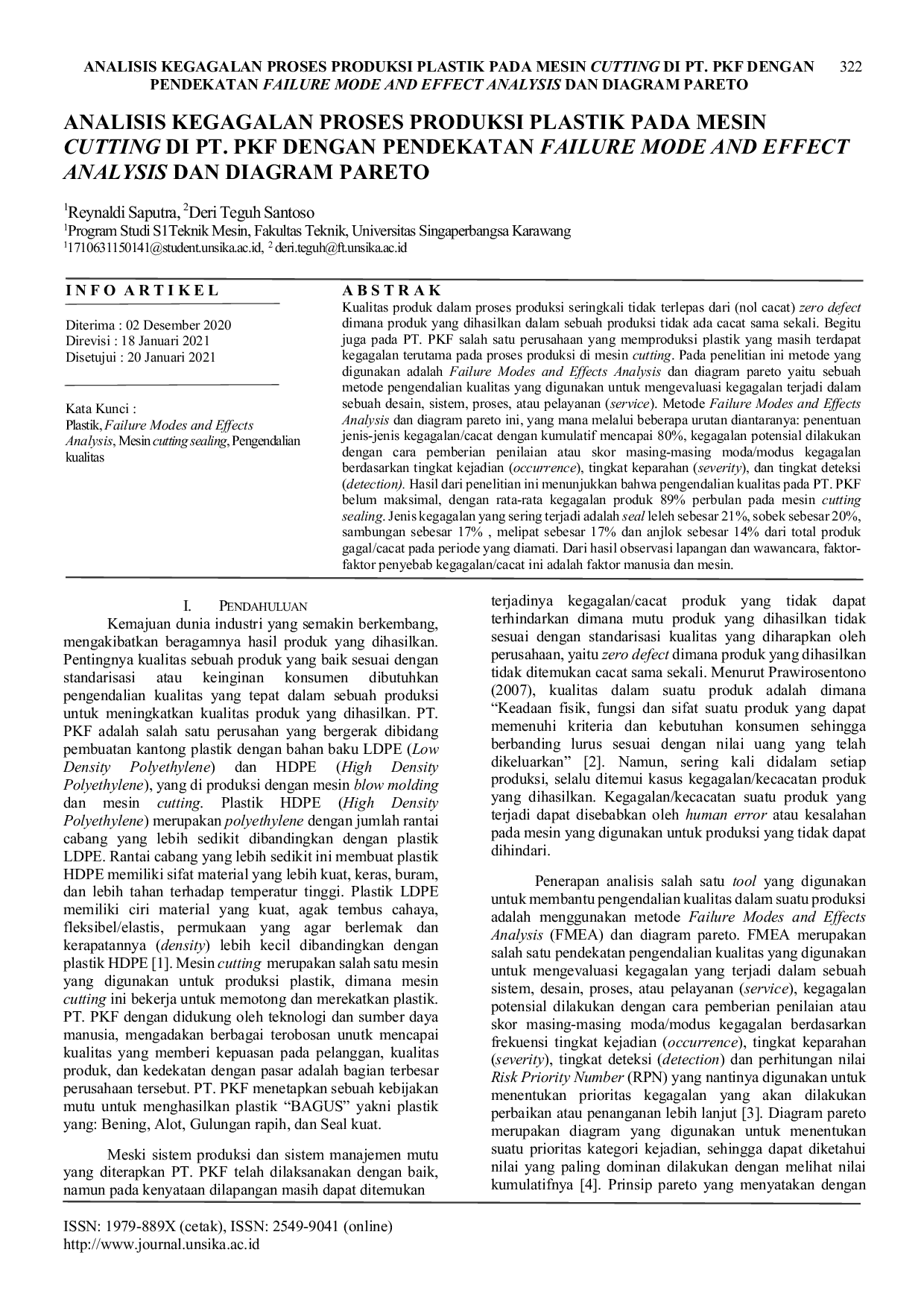 JURIS Analisis Kegagalan Proses Produksi Plastik Pada Mesin Cutting Di PT PKF Dengan Pendekatan Failure Mode And Effect Analysis Dan Diagram Pareto
