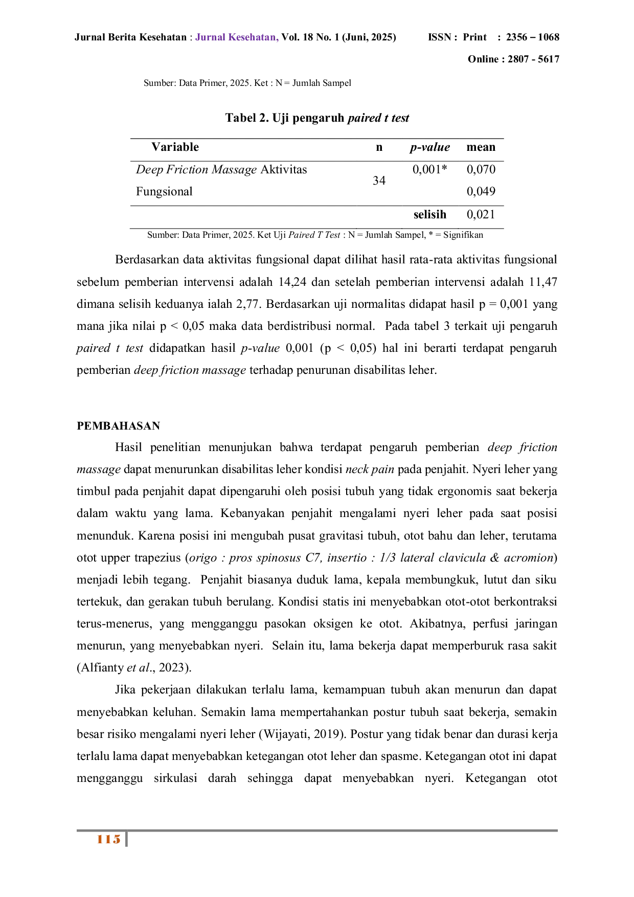 JURIS Pengaruh Deep Friction Massage Terhadap Penurunan Disabilitas Leher Kondisi Neck Pain Pada Penjahit di Kota Batu