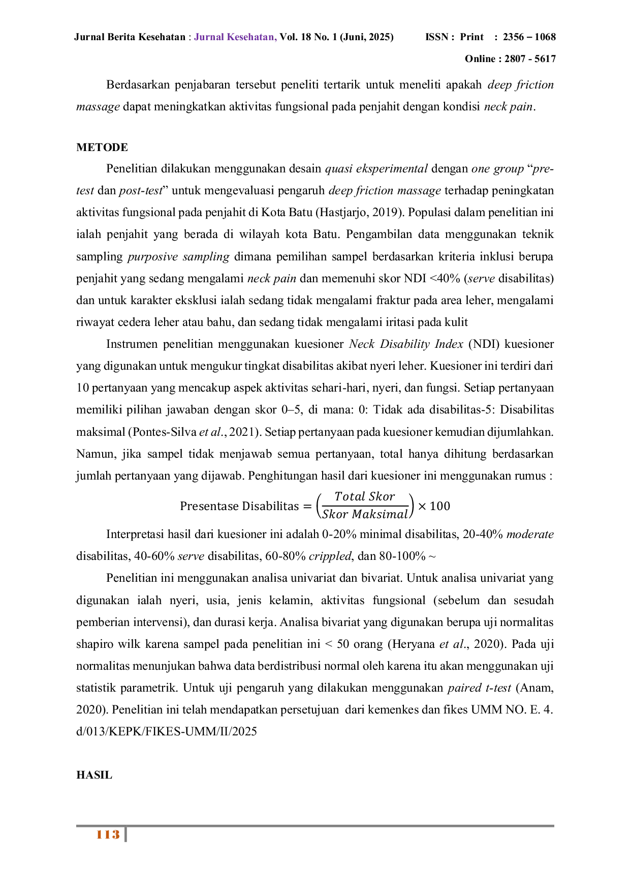 JURIS Pengaruh Deep Friction Massage Terhadap Penurunan Disabilitas Leher Kondisi Neck Pain Pada Penjahit di Kota Batu