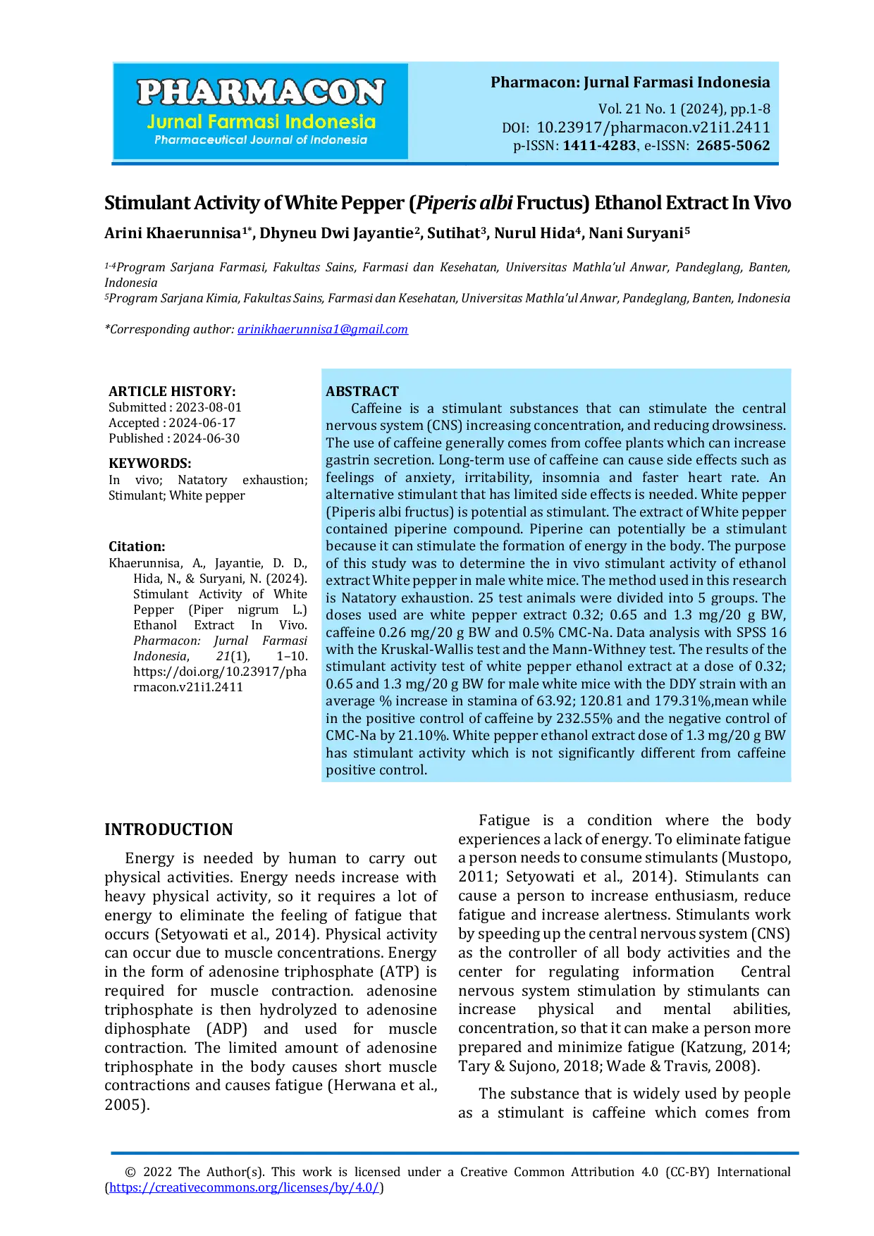 JURIS Stimulant Activity of White Pepper Piperis albi Fructus Ethanol Extract In Vivo