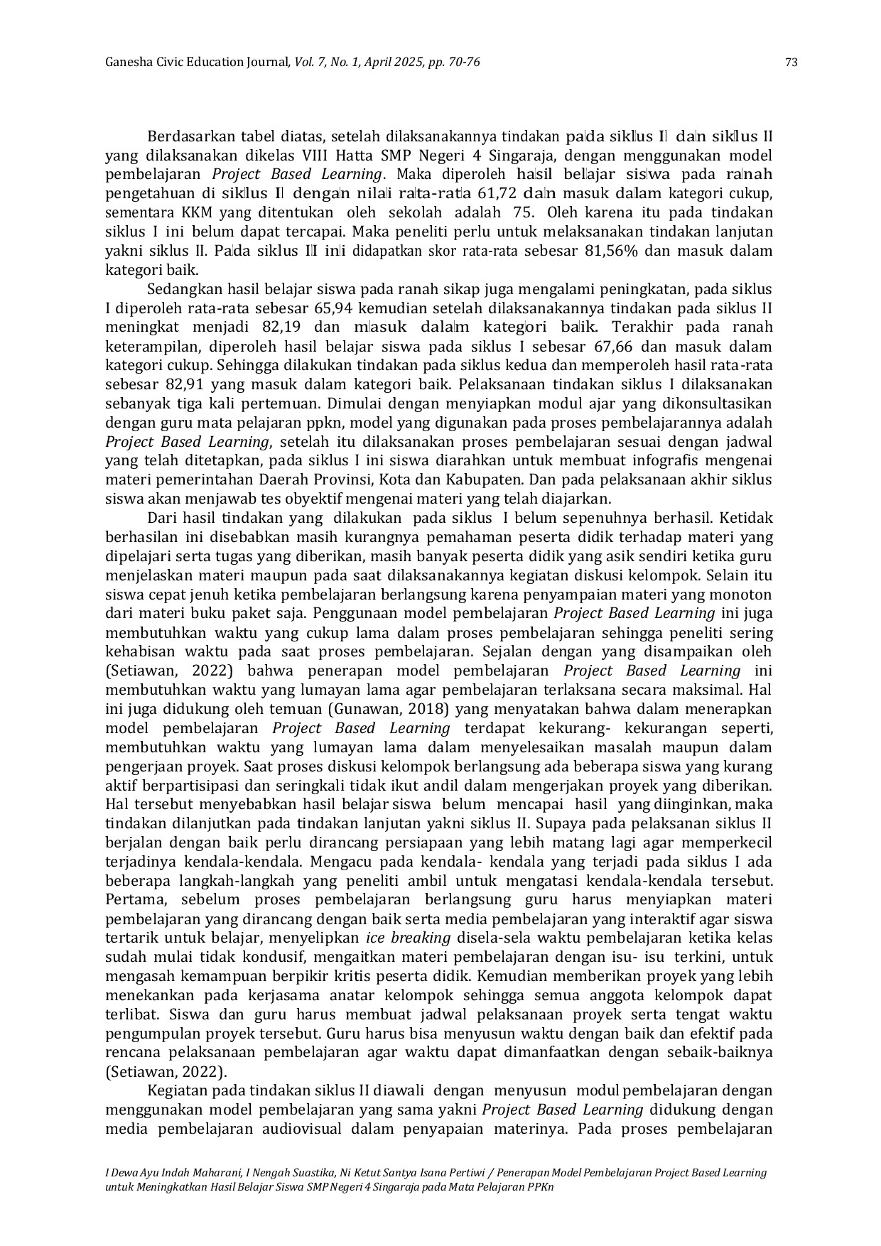 JURIS Penerapan Model Pembelajaran Project Based Learning Untuk Meningkatkan Hasil Belajar Siswa SMP Negeri 4 Singaraja Pada Mata Pelajaran PPKn