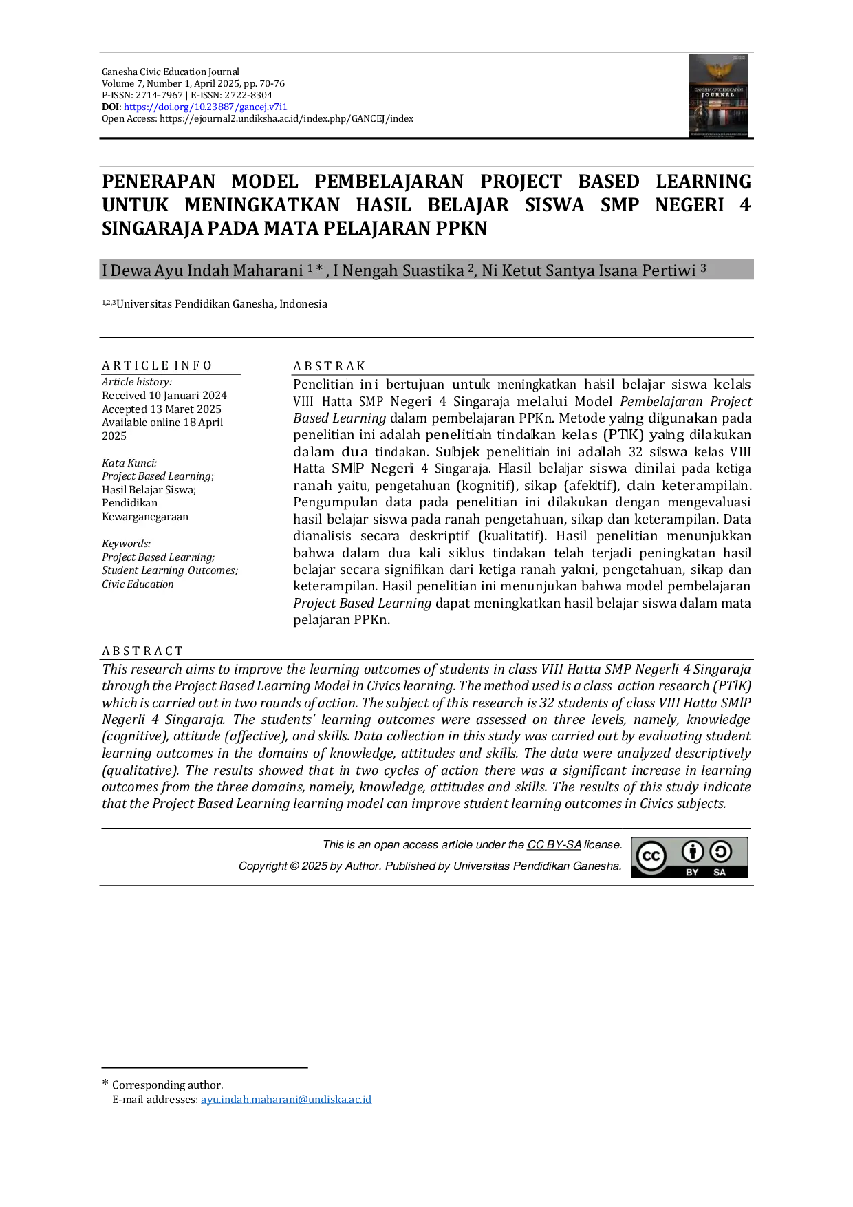 JURIS Penerapan Model Pembelajaran Project Based Learning Untuk Meningkatkan Hasil Belajar Siswa SMP Negeri 4 Singaraja Pada Mata Pelajaran PPKn