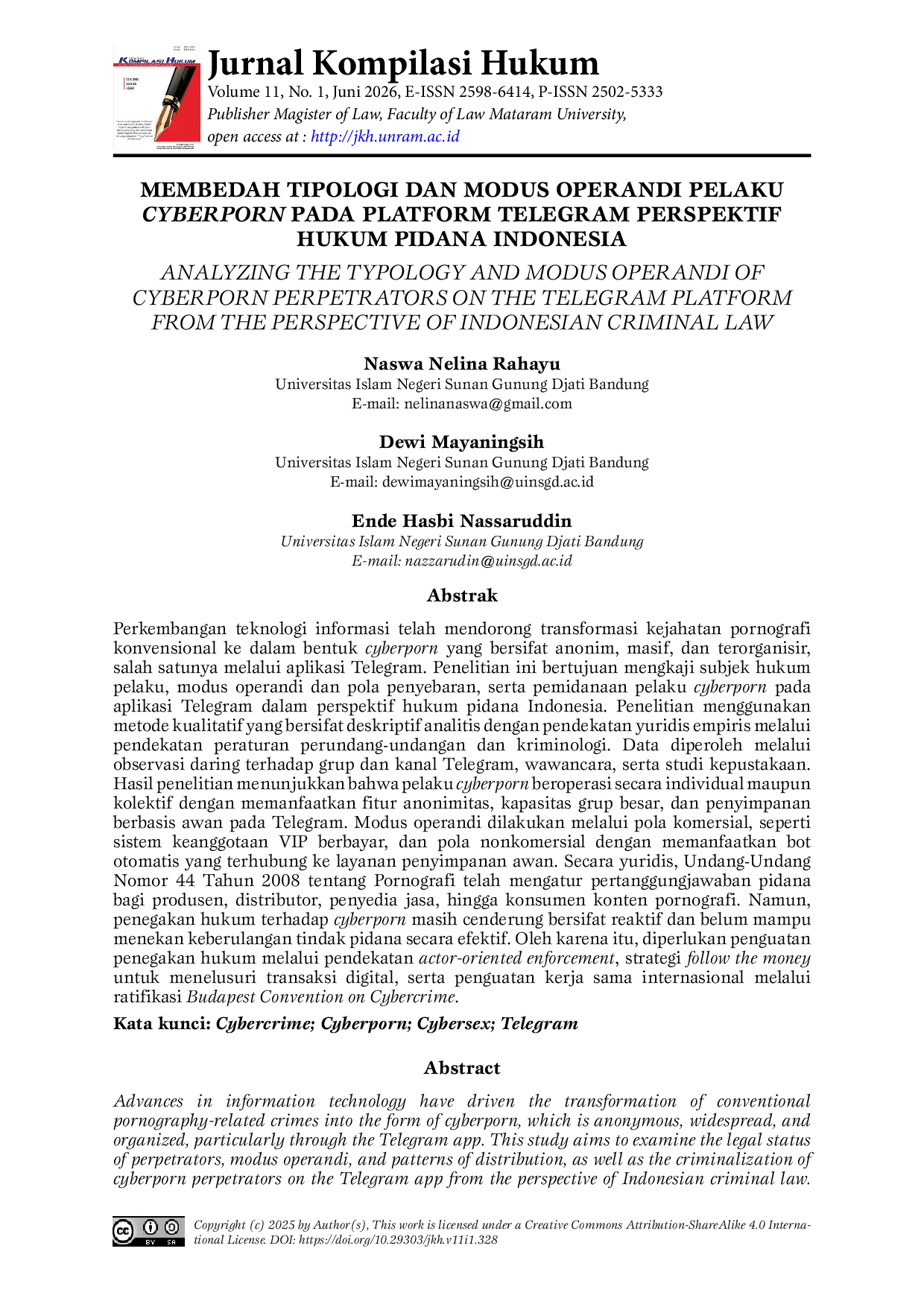 JURIS Analyzing the Typology and Modus Operandi of Cyberporn Perpetrators on the Telegram Platform from the Perspective of Indonesian Criminal Law