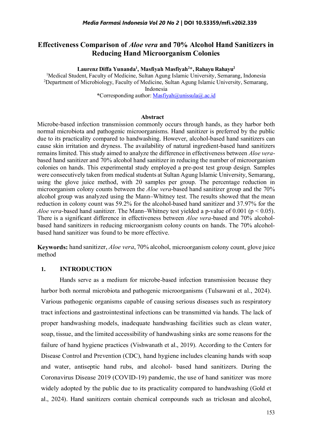JURIS Perbandingan Efektivitas Hand Sanitizer Berbasis Aloe Vera dan Alkohol 70 dalam Mengurangi Koloni Mikroorganisme pada Tangan
