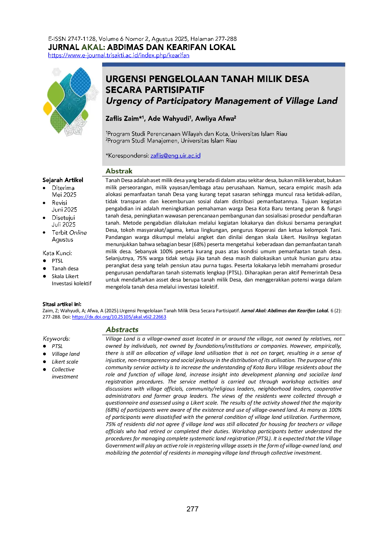 JURIS Urgensi Pengelolaan Tanah Milik Desa Secara Partisipatif