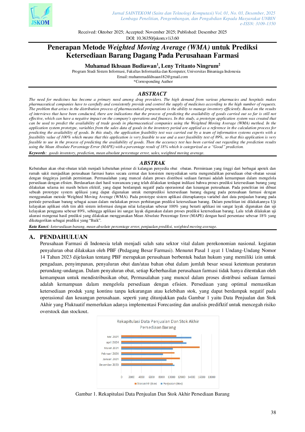 JURIS Penerapan Metode Weighted Moving Average WMA untuk Prediksi Ketersediaan Barang Dagang Pada Perusahaan Farmasi