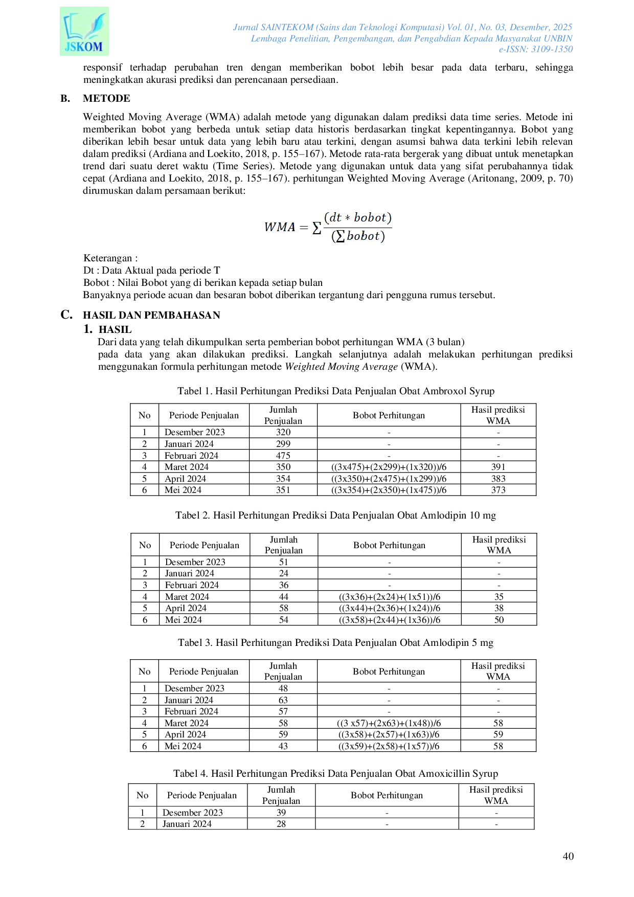 JURIS Penerapan Metode Weighted Moving Average WMA untuk Prediksi Ketersediaan Barang Dagang Pada Perusahaan Farmasi