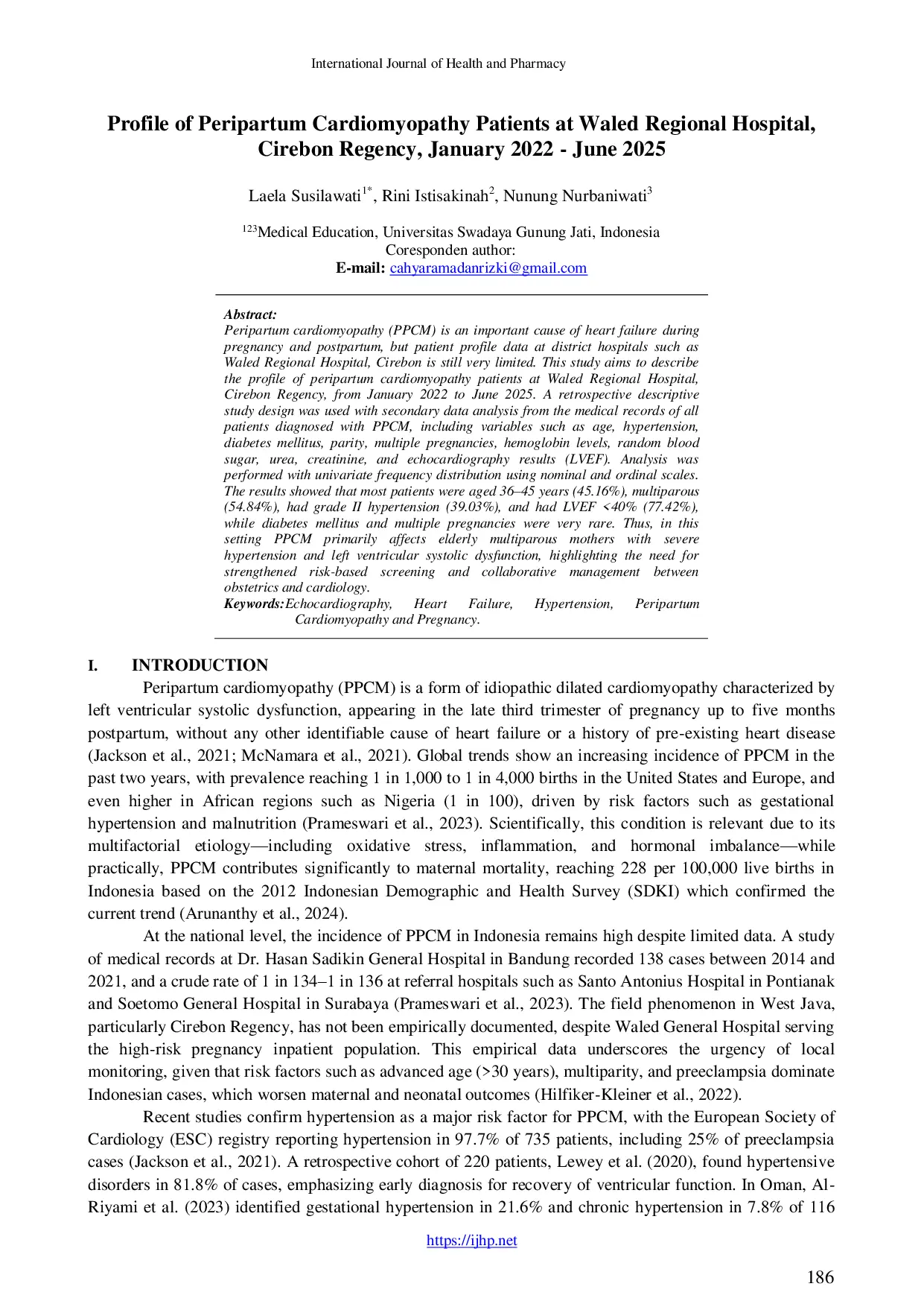 JURIS Profile of Peripartum Cardiomyopathy Patients at Waled Re gional Hospital Cirebon Regency January 2022 June 2025
