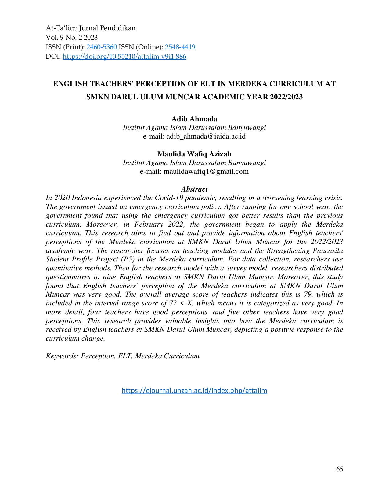 JURIS English Teachers Perception Of Elt In Merdeka Curriculum At Smkn Darul Ulum Muncar Academic Year 2022 2023